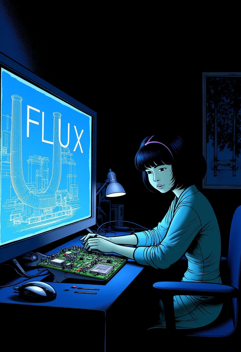 The image shows Yoko Tsuno <lora:yoko_flux_v5:1> at her lab desk late at night. She is busy testing components on a motherboard. The room is dark but the desk is lit by a desk lamp. She seem deep in thoughts and very concentrated. On the side a blue holographic transparent screen shows a wireframe image with text reading "FLUX". The image is from a 1990s graphic novel made with traditional media.