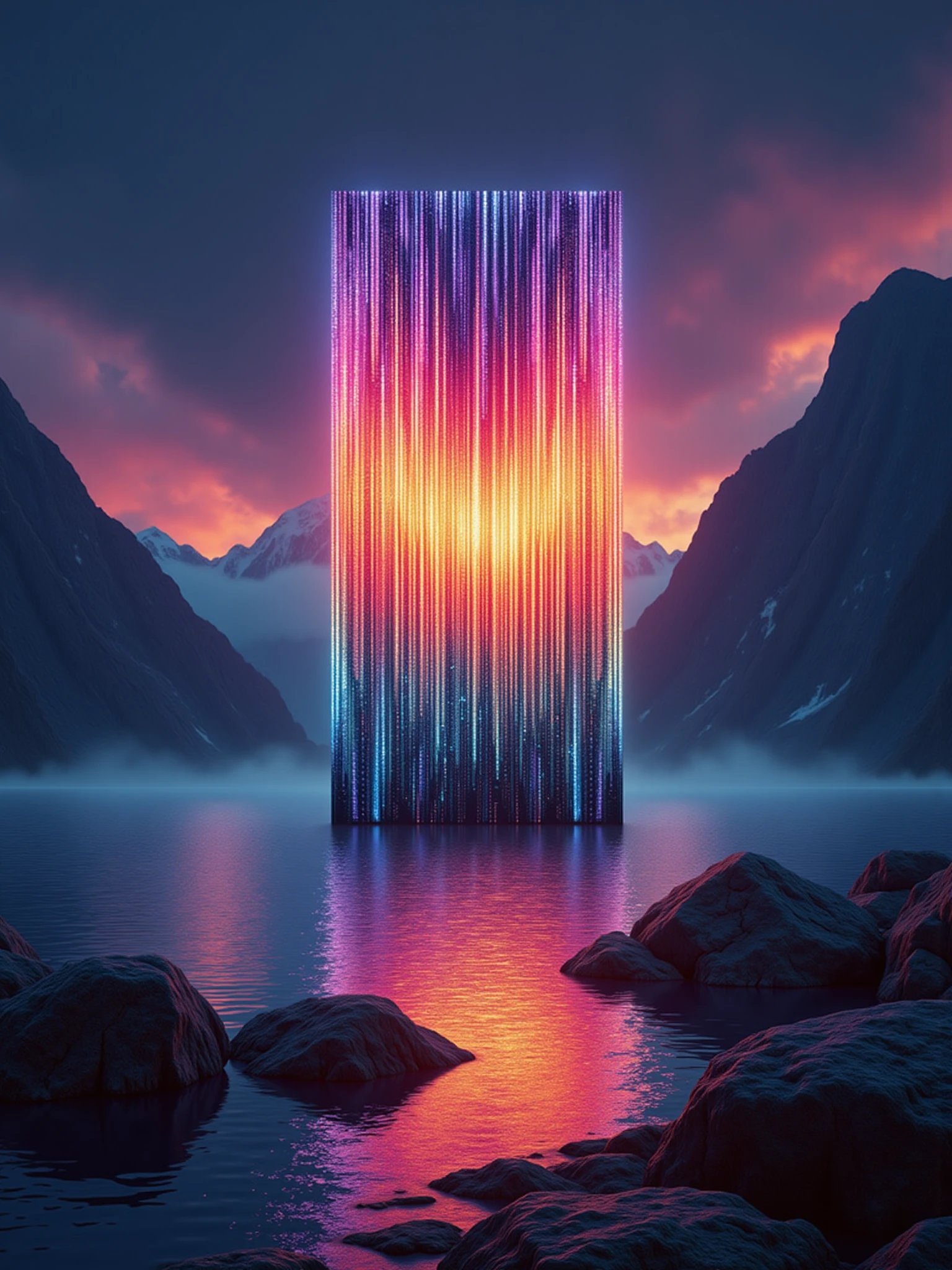 glowing mad-glwnggltch monolith standing on an island in a serene mountain lake, sunset, godrays, haze, fog, floating islands in the background   <lora:glowing-glitch-flux:1>, night