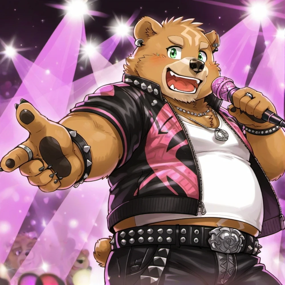 gabu,furry,green eyes,bear boy,bear ears,<lora:Gabu-000024:0.8>,<lora:PerfectEyesXL:0.4>,perfecteyes,beautiful detailed eyes,solo,sunny,plump,microphone,necklace,jacket,belt,pants,ring,earrings,open arm,
