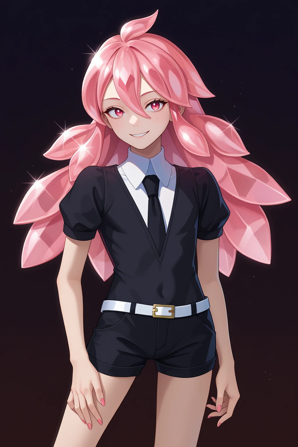 score_9, score_7_up, source_anime, cowboy shot, looking at viewer, smile, morg, long hair, white skin, crystal hair, pink hair, pink eyes, hair between eyes, black shirt, puffy short sleeves, collared shirt, black necktie, white belt, black shorts, black footwear, black background, simple background, <lora:Hoseki_HousekiNoKuni_Morganite_PDXL_v1:1>