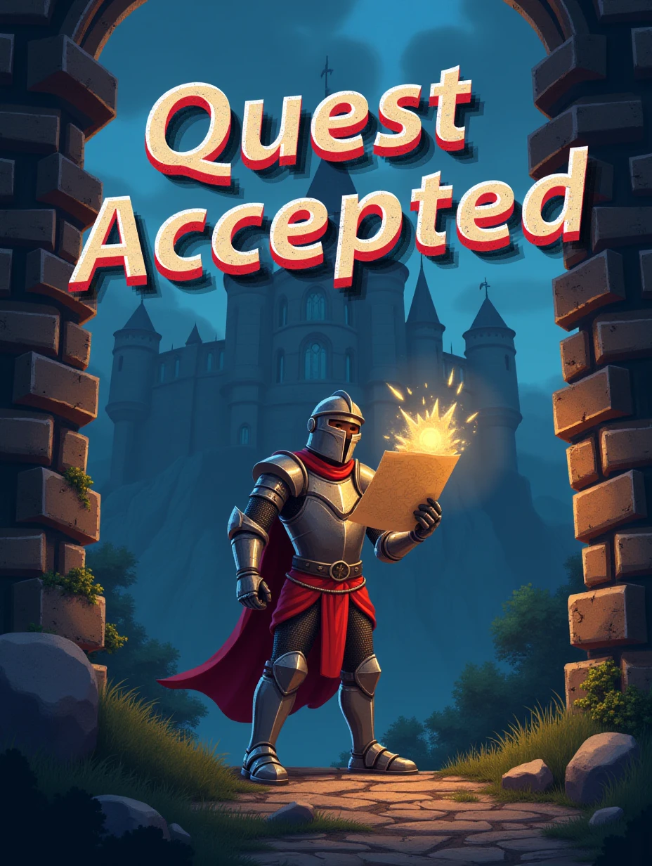 Juaner_font,

On a medieval castle background, there is a line of text “Quest Accepted,” the image shows a knight character holding a glowing map