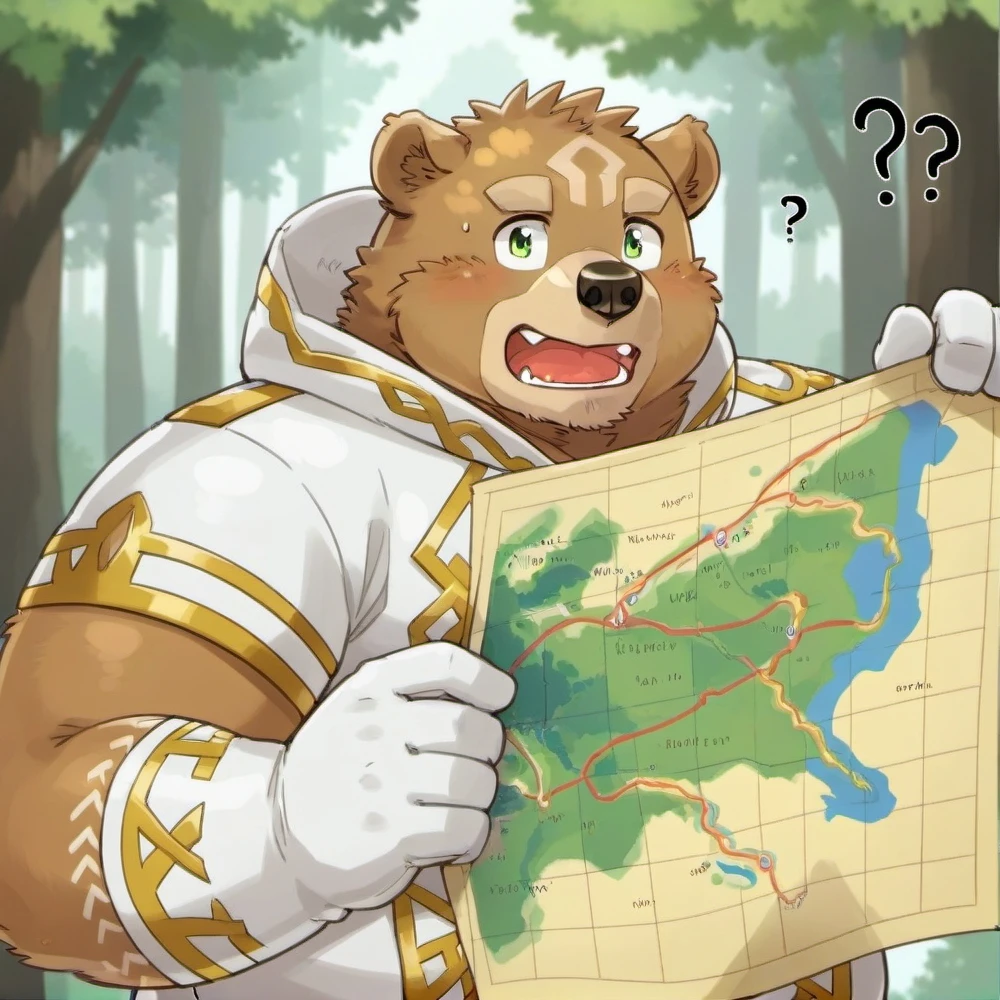 gabu,furry,green eyes,bear boy,bear ears,<lora:Gabu-000024:0.8>,<lora:PerfectEyesXL:0.4>,perfecteyes,beautiful detailed eyes,solo,sunny,plump,bara,white gloves,white hood,forest,holding map,confuse,?,knotty,from beside,(looking at the map:1.4),hand touch the head,view on the map,
