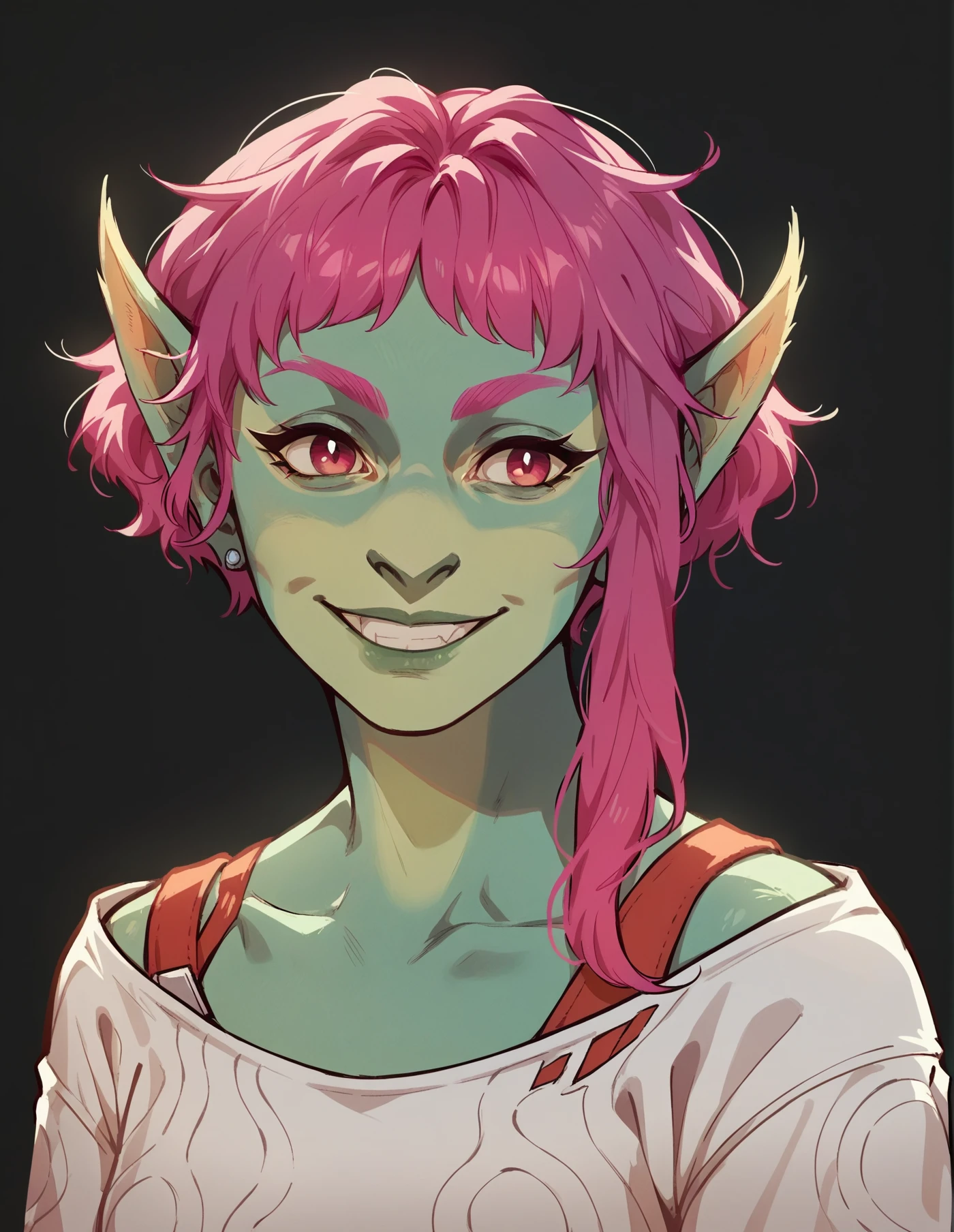 1girl, solo, portrait, smile <lora:It-Z:1.1> itz, green skin, pointy ears, pink hair, crop top, score_9, score_8_up, score_7_up, score_6_up, 2d, digital art, masterpiece, <lora:sinfully_stylish_PONY_0.2:0.3> dramatic lighting <lora:incase-ilff-v3-4:0.3> <lora:Expressive_H:0.3> expressiveh <lora:g0th1cPXL:0.3> g0th1cpxl