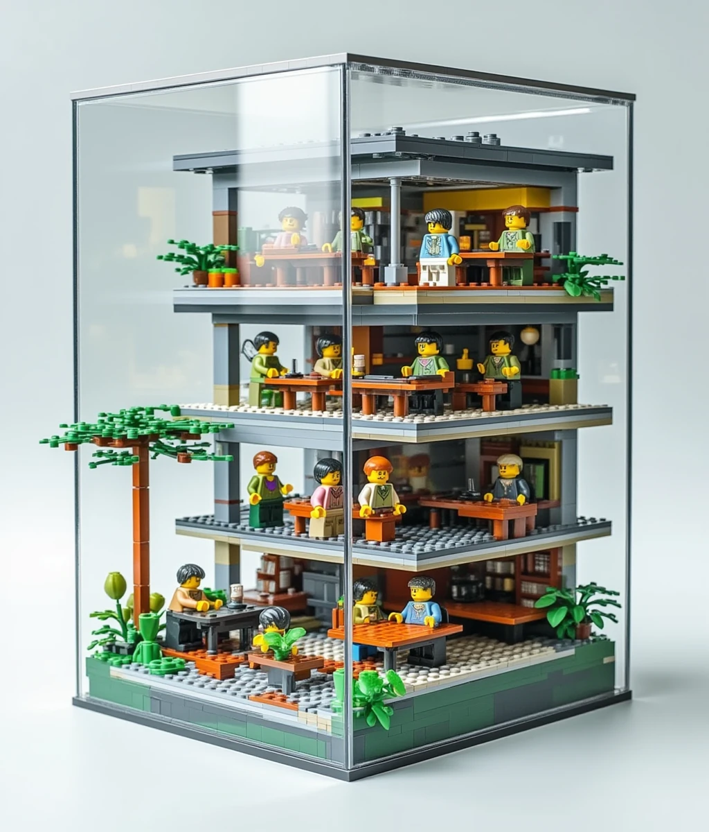 lego,profile of an office building made of blocks,you can see many people working,which is in large glass box