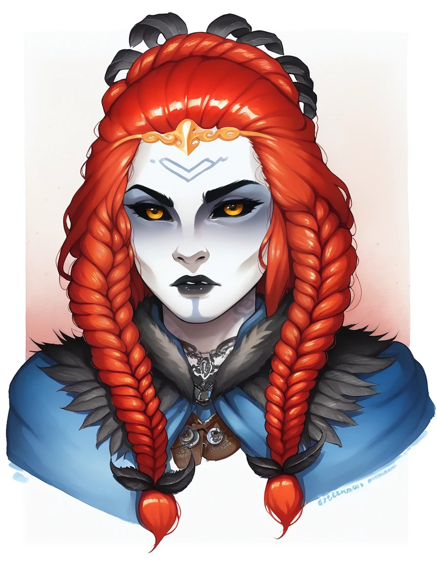 score_9, score_8_up, score_7_up, 2d, watercolor, traditional media,
Mhorrinion, yellow eyes, black sclera, black lips, red hair, braids, blue facepaint, tattoos, bodypaint,
feather hair ornament, black feathers,
<lora:Mhorrinion:1.2>