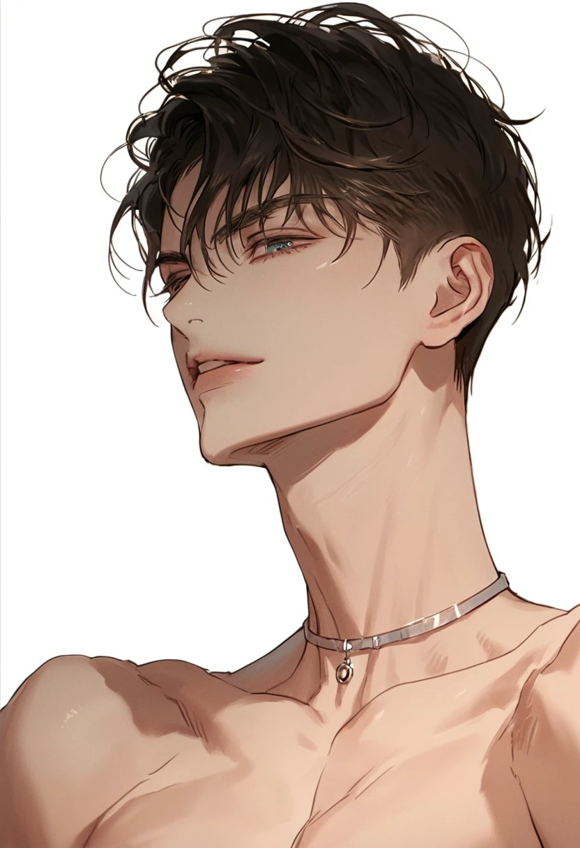 ((Masterpiece), (best quality), ((ultra-detailed)), nsfw: 1.0, Handsome man with straight black hair, Detailed face, Cool and slanted dark blue eyes, focus on man facing front, missionary position, nude, fine macho, breathing rough, sweaty, erect nipples, Excited and lustful expression, fully erected cock, cock slick with enduring juices, clean bedroom, (From below:1.1))