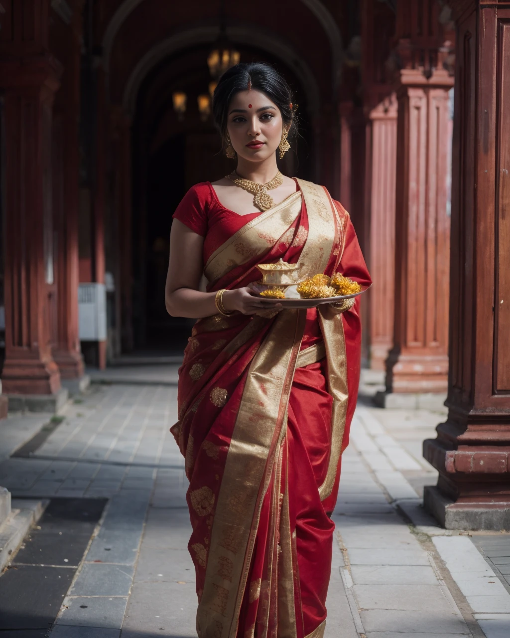 Masterpiece, SFW, a very cute 21yo beautiful girl, curvy, Busty, ((Detail Face)), Full body Portrait, ((Bengali Style Red and White Saree, Holding Ritual Plate)), Standing Pose, Standing in front of a Hindu Temple Courtyard, ((Detail Black Hair)), (French Twisted Messy Bun Hairstyle with Flower accessories), <lora:detail_slider_v4:1> <lora:real_hair:0.4> <lora:S-shape body:1> <lora:backlight_slider_v10:-2> <lora:ccmakeupå¦å®¹:1> <lora:0 Bengali Saree:0.6>, detailed skin texture, (blush:0.5), (goosebumps:0.5), subsurface scattering