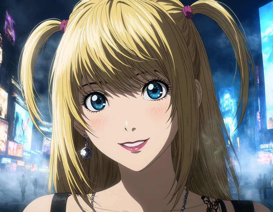 1girl, portrait of Misa Amane, death note, Modern Anime, adult female, From Death Note anime, best quality, 8K, DSLR quality, Bloom Lighting, Good Face, Beautiful Face, Slim, highly detailed,  glow, extreme details, fog, smoke, blond hair, full body, happy, smile, perfect eyes, <lora:perfect-eyes:1>, perfecteyes, eyes reflection, detailed eyes, upper body, hdr quality, full of color, smoke, cinematic, night, moon light, 2010s, windy, hair swaying in wind, purple nail polish, nigh time, blue eyes, grainy, chromatic aberration, adult woman, Depth of field effect, uwu, cute, blush, perfecteyes, eyes reflection, detailed eyes, upper body, shy smile, hdr quality, hands doing cute pose, full of color, smoke, cinematic, in city, times square, no crowd, <lora:misa_amane-step00000862:1>