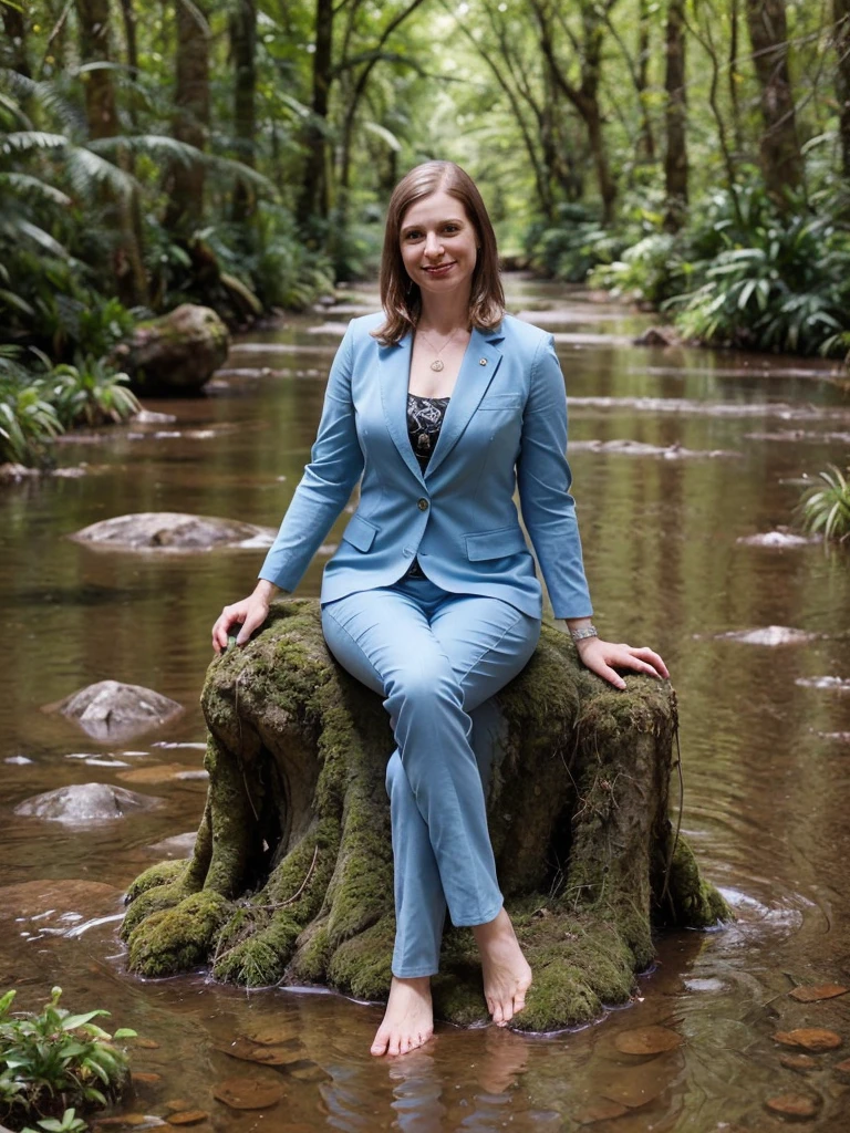 a professional absurdres sharp focus intricately detailed photograph of solo (Stephanie_Shuttler_Manka:1.1) wearing a snazzy pantsuit with a warm smile sitting on top of an ancient moss and ivy-covered (statue:1.1) in a dense rainforest by a creek,
 <lora:Stephanie_Shuttler_Manka-SDe13:0.8>