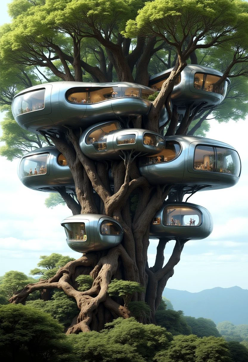 The image is a highly detailed, CGI-rendered artwork depicting a futuristic, treehouse-like structure built into a massive, twisted tree with a sprawling canopy. The treehouse, made of sleek, silver-gray material, seamlessly blends into the gnarled trunk and branches of the tree. It features multiple interconnected pods or rooms, each with large, curved windows that reflect the sky and surroundings, suggesting a modern, eco-friendly architectural style. 
<lora:Wasteland City Flux:1>