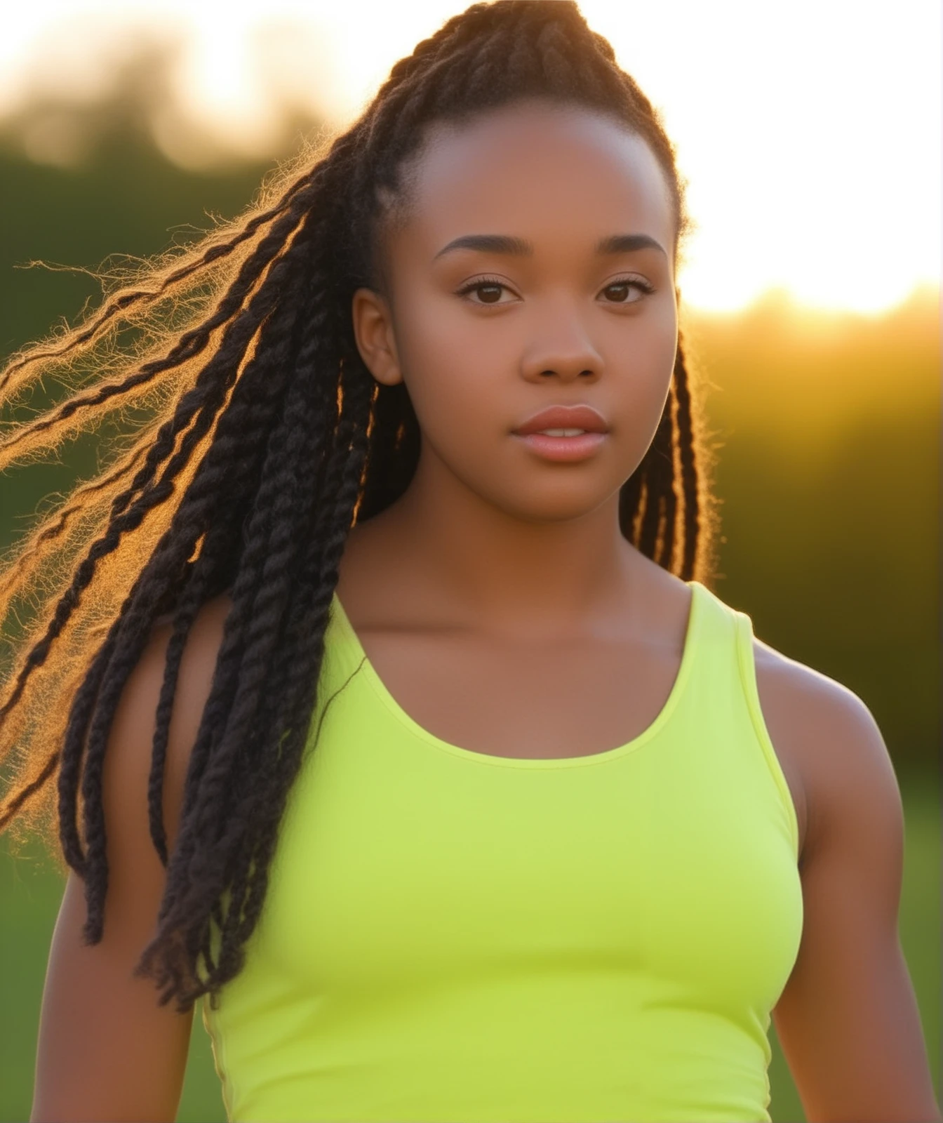 aisha, headshot, 19 years old, black girl, long braided hair, yellow tank top, outdoor park at sunset, (locks of hair over shoulders, gentle breeze blowing hair into face, glare, sunset light highlighting off skin and hair, upper body, lips parted, looking at viewer:1.3),   1girl, (masterpiece), (best quality), detailed