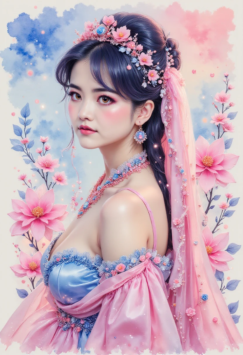 watercolor painting,ArsMJStyle,Watercolor,abstract neon ink image in vivid,surreal iridescent colours,closeup side portrait of chinese princess,red lips,long loose hair,bridal veil,earrings,necklaces,midjourney_whisper_innocent_eyes,
<lora:Zhan_Yihung:1.6>,<lora:Pastel_Watercolor:1>,