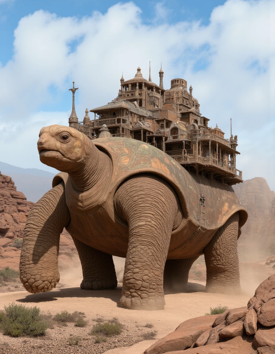 Amidst the rugged terrain of the Badlands, a colossal and intricately detailed tortoise moves at a steady pace, carrying a thriving village upon its weathered shell. This ancient creature exudes immense wisdom and steadfastness with each unhurried yet purposeful stride it takes. Carefully crafted buildings cling to the contours of its robust carapace, forming a unique community that exists harmoniously with their gentle giant companion. As they journey together across the unforgiving landscape, the villagers rely on the protection afforded by the mighty reptile's seemingly impenetrable armor and seek guidance from its timeless knowledge, forging bonds based on mutual respect and cooperation. perfection style,