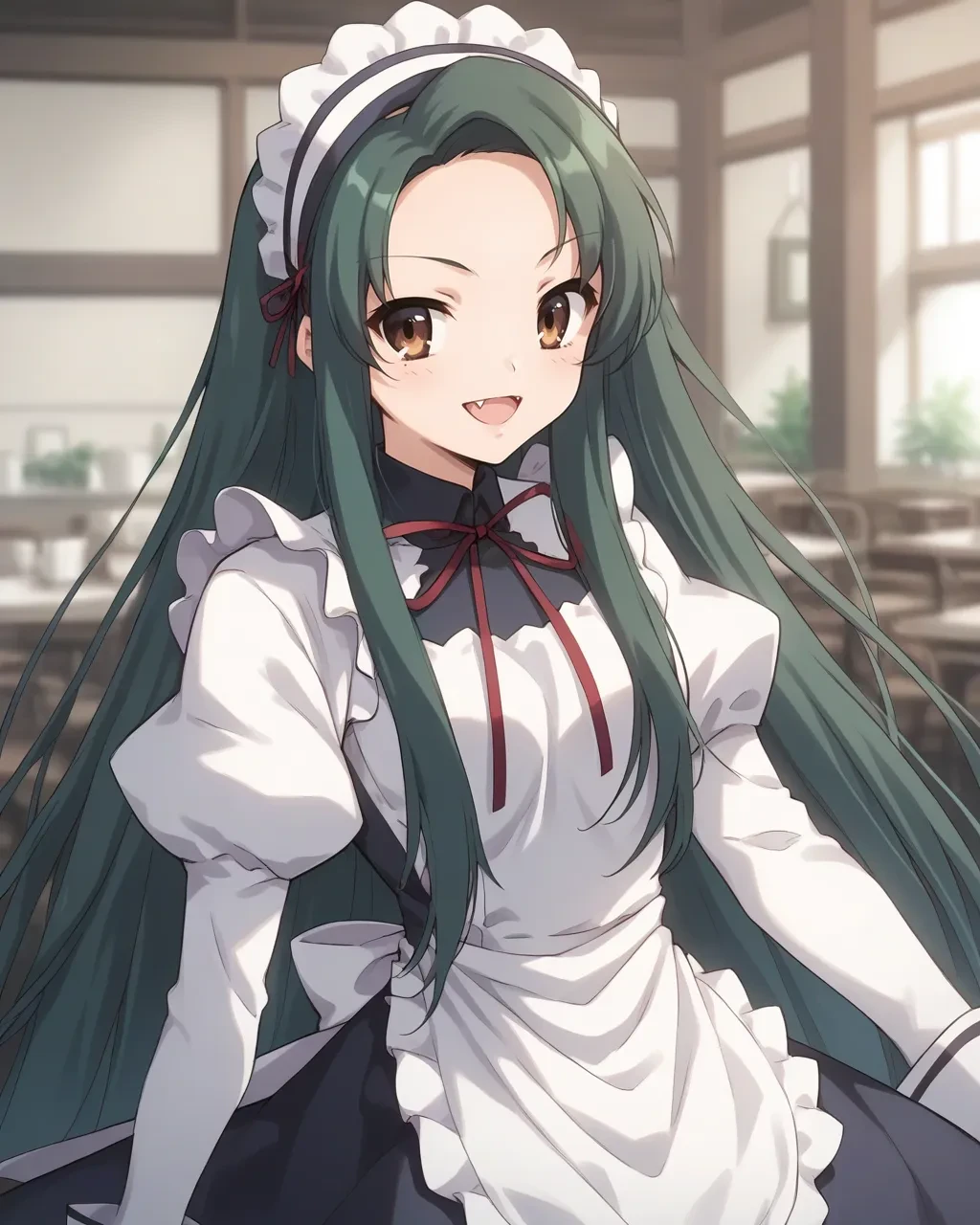 score_9,score_8_up,score_7_up,best quality, 4k, rating_safe, very aesthetic, source_anime,1girl,
<lora:Tsuruya:0.9>,
tsuruyaBB,brown eyes,green hair,very long hair,fang,official alternate costume,waitress,maid,apron,maid headdress,red ribbon,white sleeves,puffy sleeves,pantyhose,
looking at viewer,
dynamic angle,upper body,,