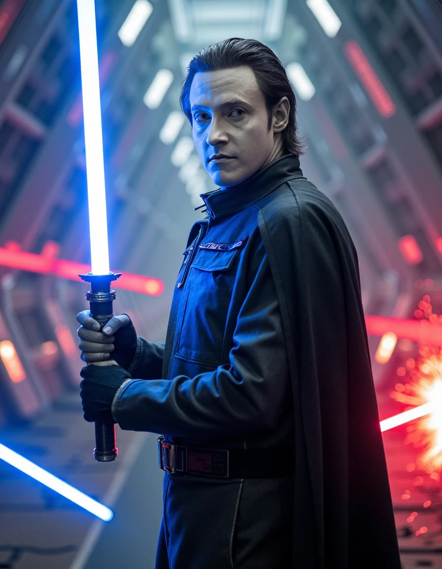 <lora:strekdata:1.5> StDaTa,  A powerful male warrior holding a glowing blue lightsaber, standing in the middle of a futuristic battlefield. His intense gaze is locked on the enemy, as red laser blasts light up the background. (StDaTa, vivid style, cinematic lighting, high action)
 StDaTa skin, StDaTa hair  <lora:facial expression style v1:1>