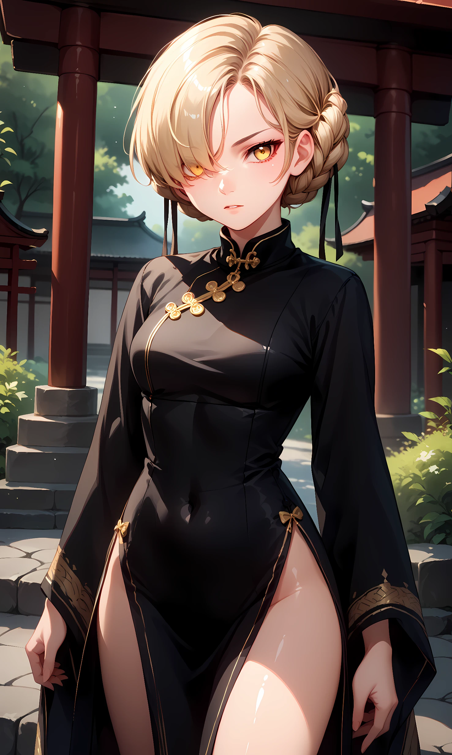 score_9, score_8_up, score_7_up, BREAK source_anime, 1girl, solo, outdoors, shrine, cowboy shot, standing, looking at viewer, shiny skin,sheffield, yellow eyes, short hair, blonde hair, bangs, hair over one eye, braid, ribbon, black cheongsam 