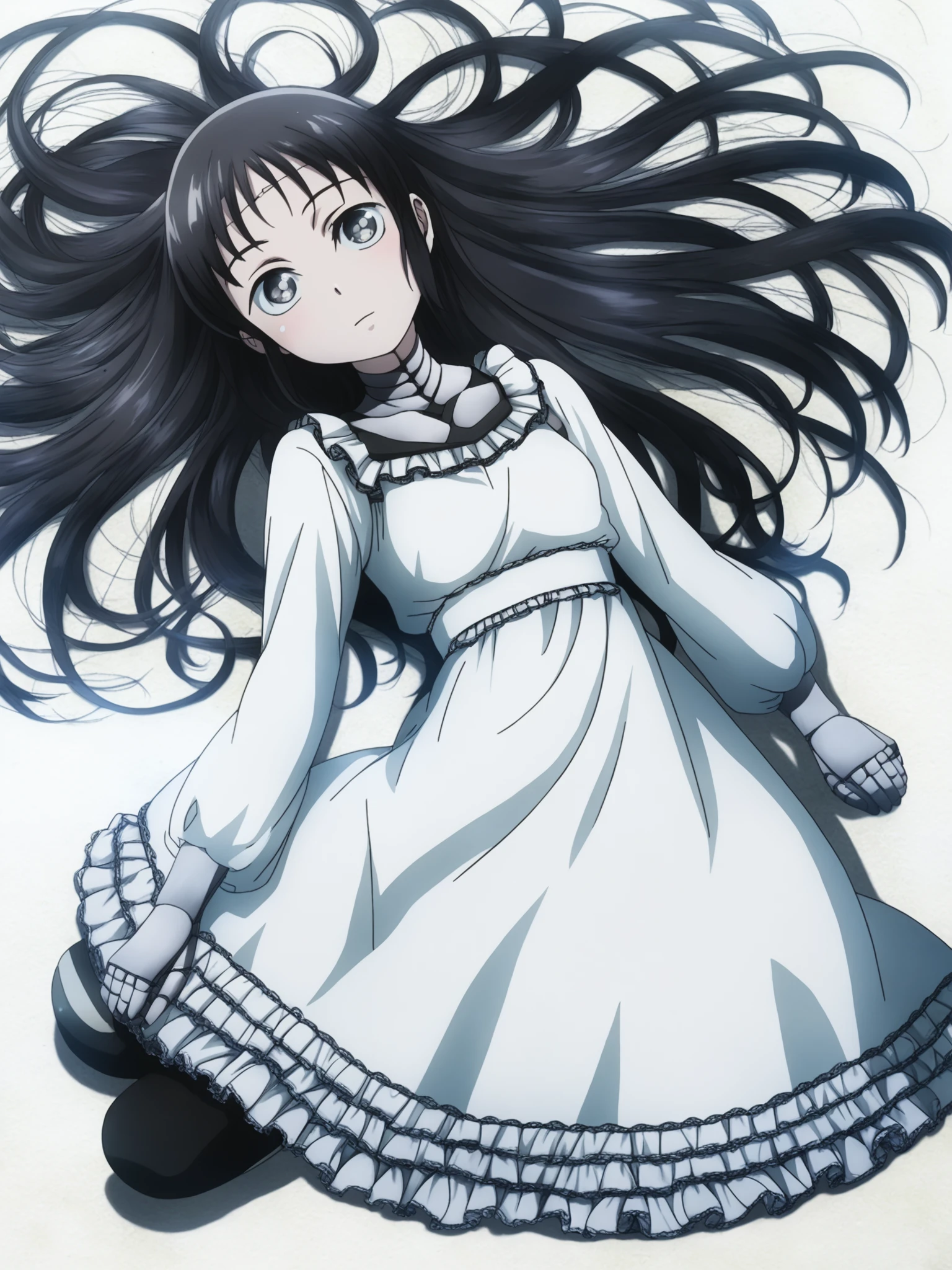 score_9, source_anime, masterpiece, best quality, white background:1.2, <lora:Mina_PDXLv0.1:0.9> 1girl, mina, long hair, looking at viewer, small breasts, head tilt, white dress, frills, full body, on back,, detailed, beautiful