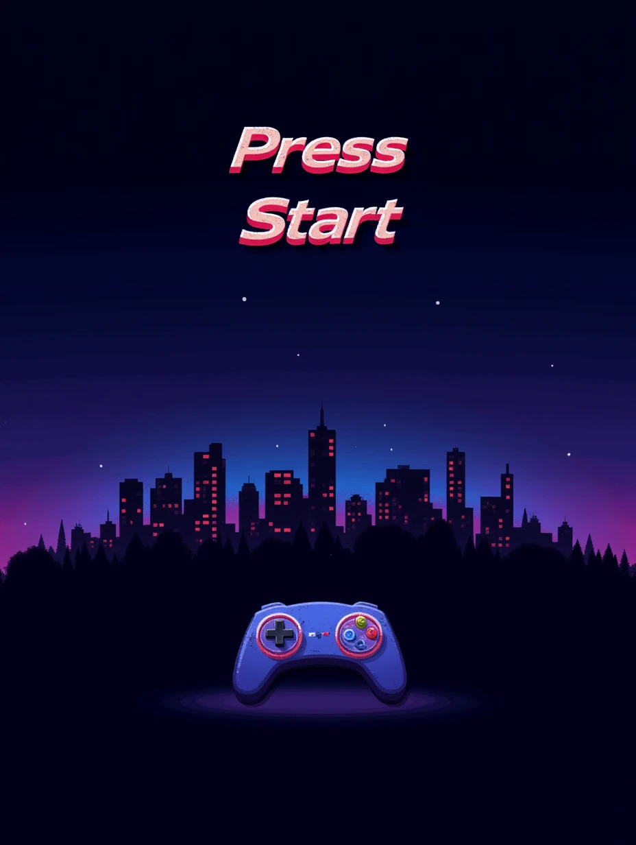 Juaner_font,
On a neon city skyline at night, there is a line of text “Press Start,” the image features a pixelated controller glowing in the dark