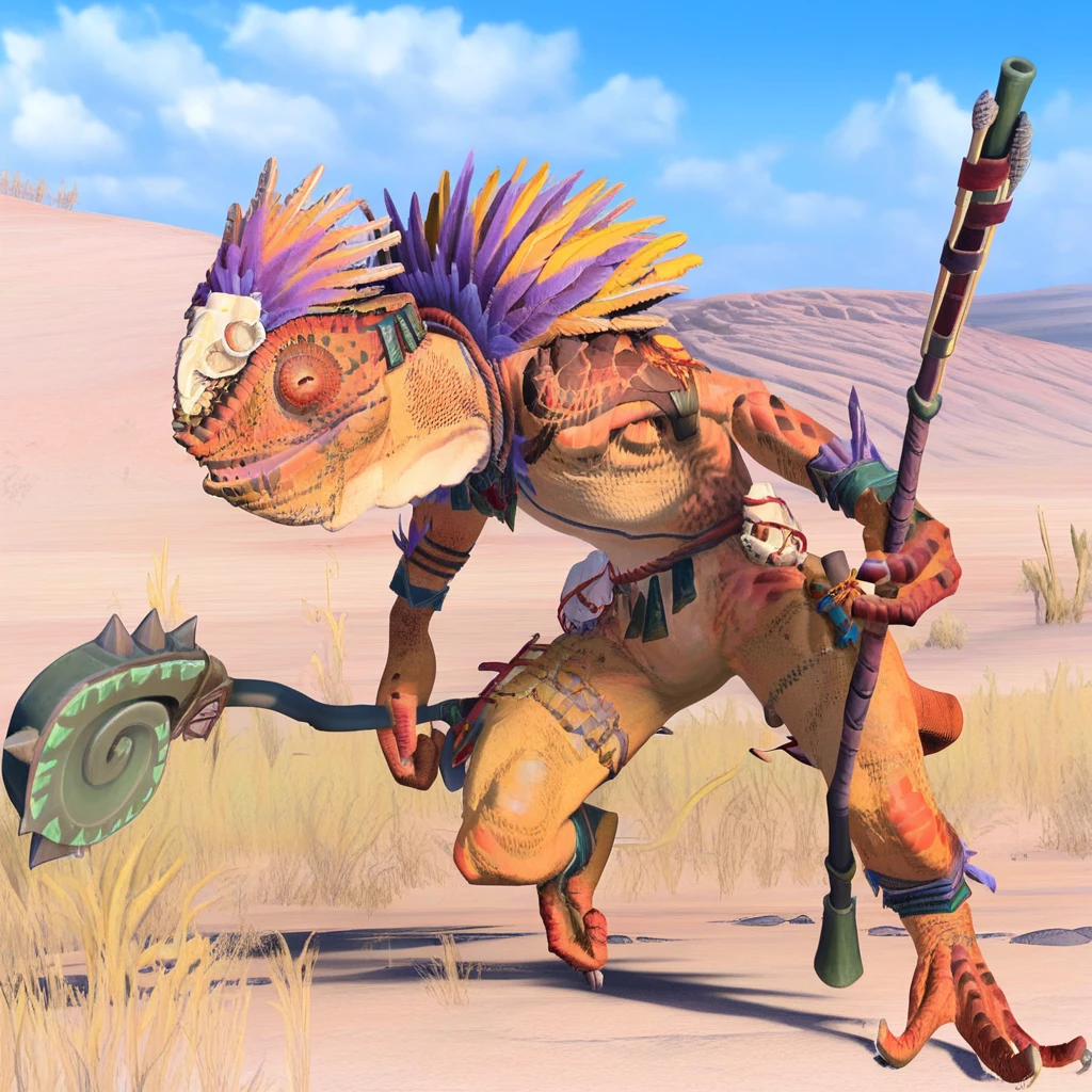 chameleonskinkstalker, desert, grass, cloud, axe, forest, red eyes, weapon, jewelry, monster