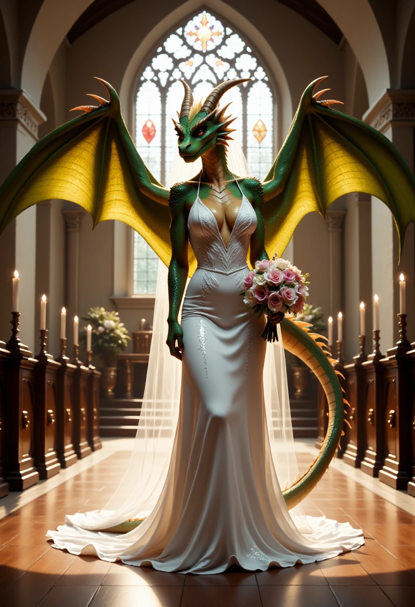 The image is a highly detailed photo depicting a majestic, humanoid dragoness standing in a grand, gothic-style church hall. The dragoness has a slender, athletic build and is covered in shimmering, iridescent green scales. Her body is adorned with subtle, golden highlights that catch the light, giving a sparkling effect. She has a slender neck, a long, powerful tail, and a head adorned with intricate, curved horns and a sharp, expressive face. She is dressed in a stunning white wedding dress and wedding veil. She has large dragon wings. <lora:KFT_Scaly_Enhancer_Flux_1.D_r1:0.8>