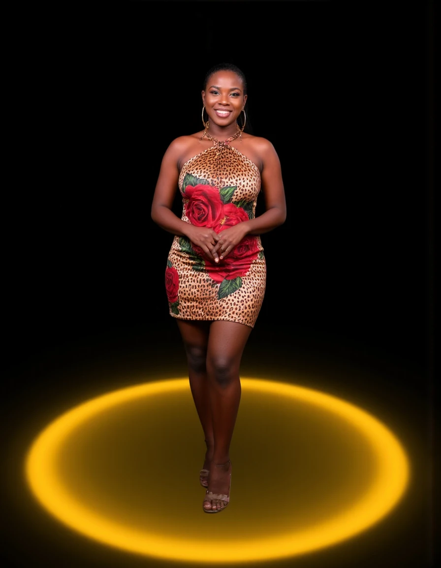Vibrant Rim Light, a photograph of a Unexpected photo of a woman with a warm, inviting smile, set against a dark, gradient background that transitions from black to a soft yellow at the bottom, creating a subtle, warm glow. She is dressed in a vibrant, knee-length dress with a bold, leopard-print design featuring red roses and green leaves. The dress has a smooth, satin-like texture and a high neckline with a button at the top, adding a touch of elegance. Her hair is styled in an elegant updo, with a few loose strands framing her face. She wears large, hoop earrings that add a touch of sophistication to her outfit. Her hands are clasped together in front of her waist, exuding a sense of calm and confidence. The overall mood of the photograph is warm and inviting, with the subject's bright smile and engaging demeanor drawing the viewer's attention. The background's subtle gradient and the subject's vibrant dress create a visually appealing contrast that highlights her Unexpected photo of a womanality and style. The image is well-lit, with a clear focus on the subject, ensuring that every detail is crisp and clear. The style is modern and polished, suitable for a fashion or beauty advertisement. The subject's expression and posture convey a sense of confidence and poise. The image is taken in a studio setting, with a professional lighting setup that enhances the subject's features and attire. The overall aesthetic is sleek and modern, with a focus on the subject's Unexpected photo of a womanality and style., bright rim light, high contrast, bold edge light