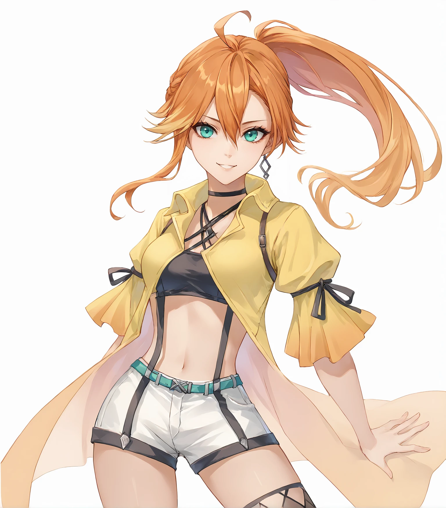 score_9, score_8_up, score_7_up,
1girl, solo, 
 <lora:JudithKai:0.9>, Judith Ranster, orange hair, two-tone hair, ponytail, ahoge, aqua eyes, medium breasts, single earring, choker, yellow coat, black bandeau, white shorts, suspenders, fishnet thighhighs, black thighhighs, white high heels, 
simple background, white background, looking at viewer, smile, cowboy shot, standing,
<lora:LDART_style_pony_v3:0.7>,, <lora:Racoonkun_Artist_Style:0.4>, racoonsan,