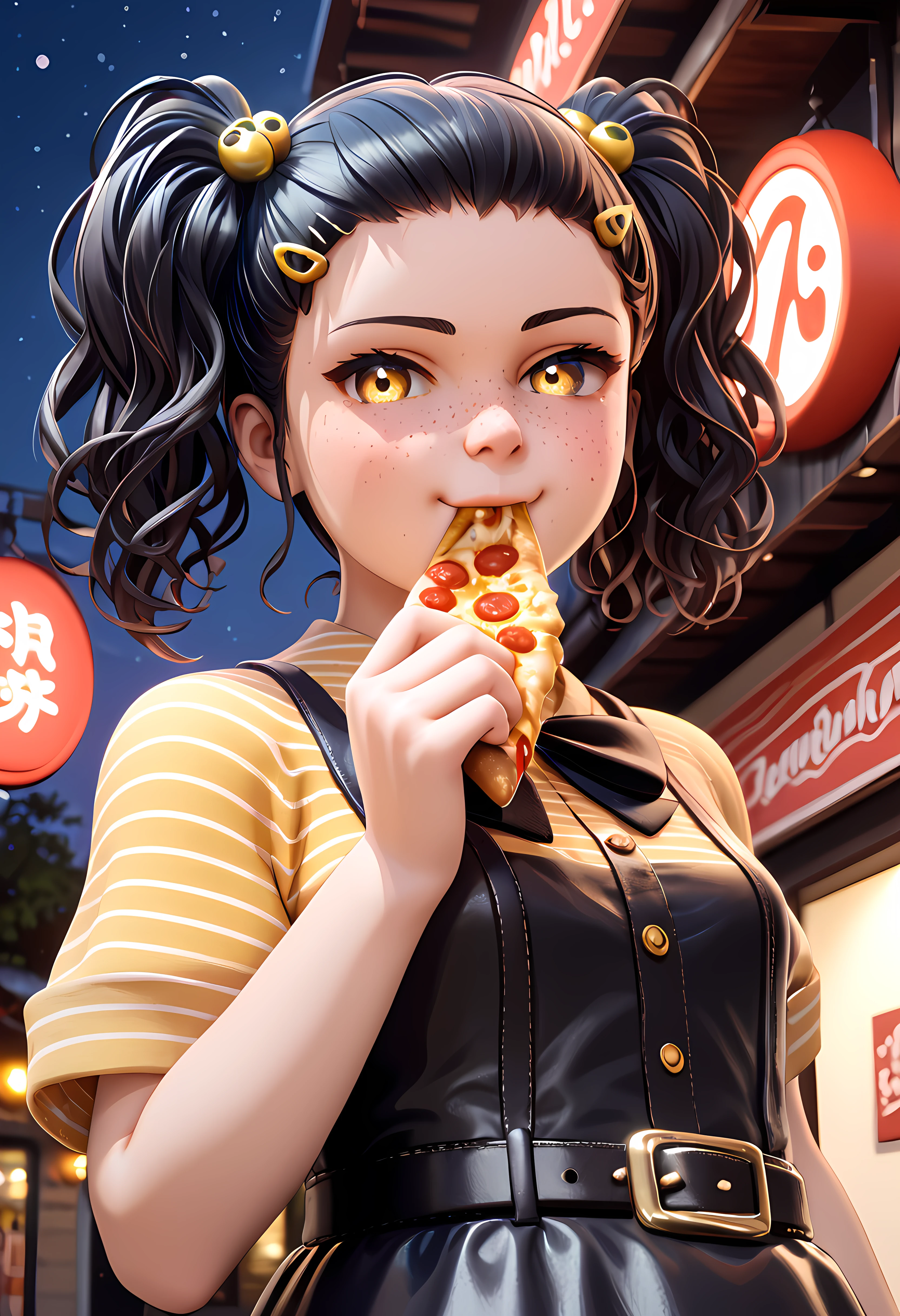 score_9, score_8_up, score_7_up,(masterpiece), (best quality), (ultra-detailed), (solo), 1girl, (extremely delicate and beautiful fabric), (beautiful detailed sky), beautiful details in the wind, pizzeria background,, cassidy ,,black hair, 3d female,  hair pin, 1girl, solo, freckles, striped, black hair, shirt, looking at viewer, bow, twintails, belt,yellow clothes,,freckled face,, <lora:cassidy_pony:0.7>face focus,black skirt,black belts,odd hair pin,night,yellow eyes,shiney eyes,from below,eating pizza, (portrai shot, upper body), (portrai shot, upper body),cinematic lighting, dark, high resolution, 2k resolution:1.0, detailed background, 1girl,  very small girl, , casual clothes, (size differense:1.2), smug face,  tall male,