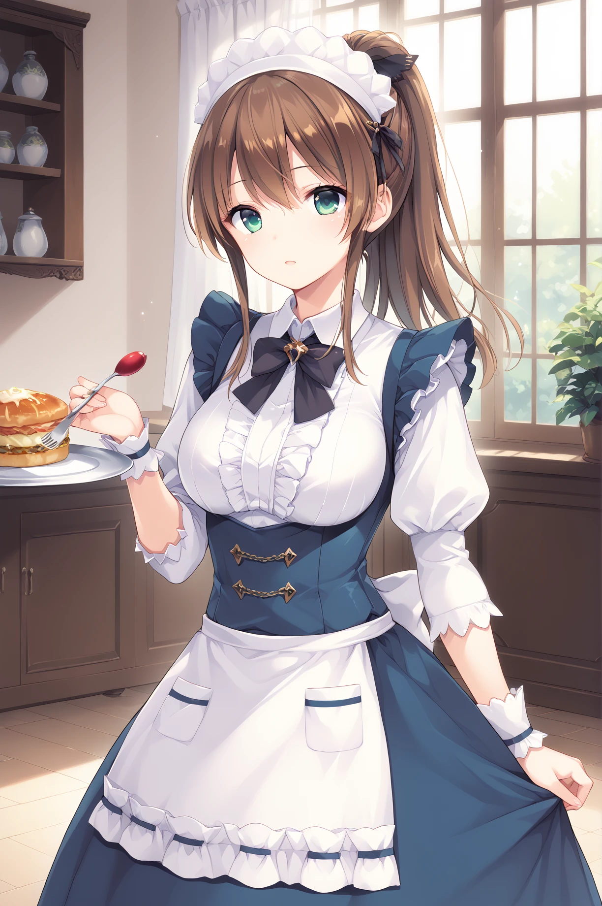 score_9, score_8_up, score_7_up, score_6_up, score_5_up, score_4_up,anime source,
 misaki,1girl,ponytail,hair ribbon,brown hair,green eyes,
 maid(FF14), maid, frilled dress, frilled sleeves, bowtie, juliet sleeves, wrist cuffs, apron,<lora:MisakiXLPony:0.8>,<lora:FF14MaidXLPony:1>