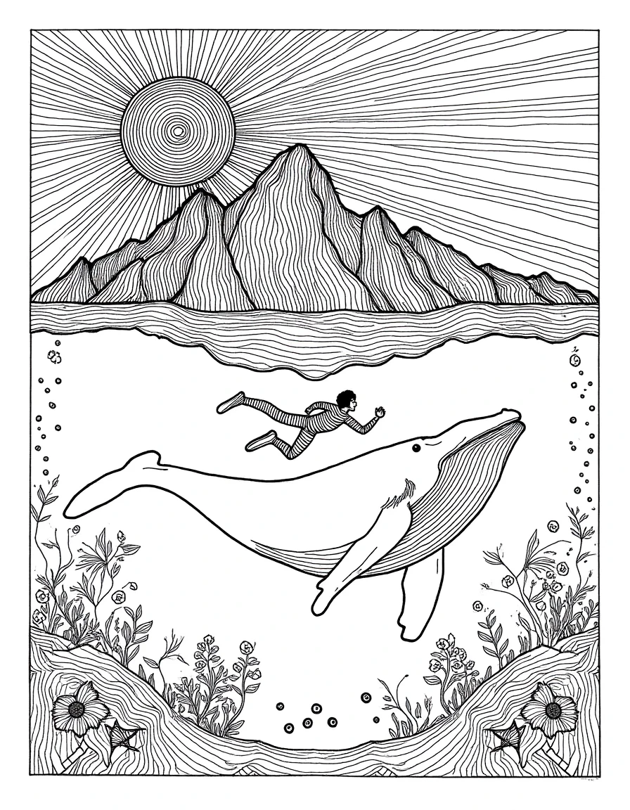 random1ze a black and white illustration of a man swimming in the ocean with a whale, surrounded by plants, mountains, and a sun in the background.