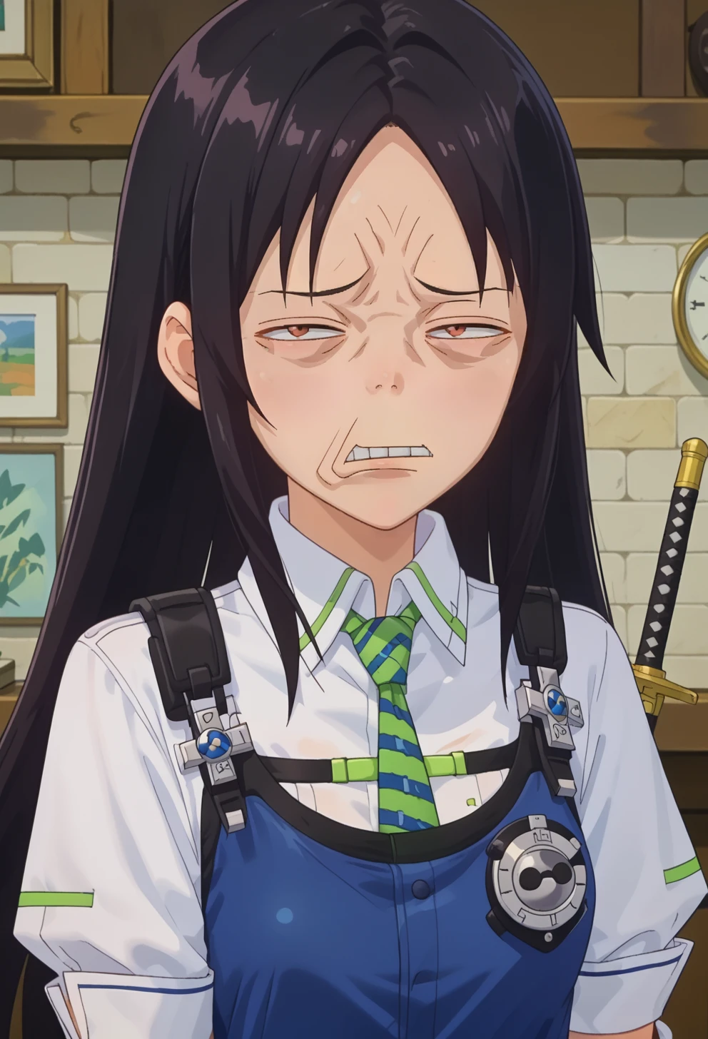 score_9, score_7_up, source_anime, BREAK annoyed,   <lora:AESita:0.7> AESita, brown eyes, black hair, long hair, parted bangs, blue dress, green necktie, collared shirt, short sleeves, white shirt, white gloves, holster, walkie-talkie, belt, black pantyhose, thigh strap, cross-laced footwear, white footwear,  <lora:ExcaliburFacePonyV1:1> excalibur_face, look to the side, solo, portrait,