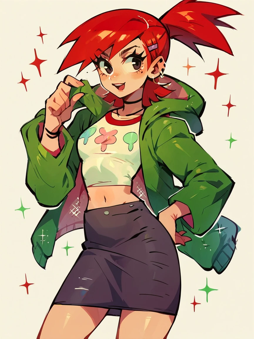 score_9, score_8_up, score_7_up, score_6_up, score_5_up,   <lora:FrankiefosterXLP:1> frankie foster, 1girl, solo, skirt, red hair, midriff, skirt, jacket, curvy