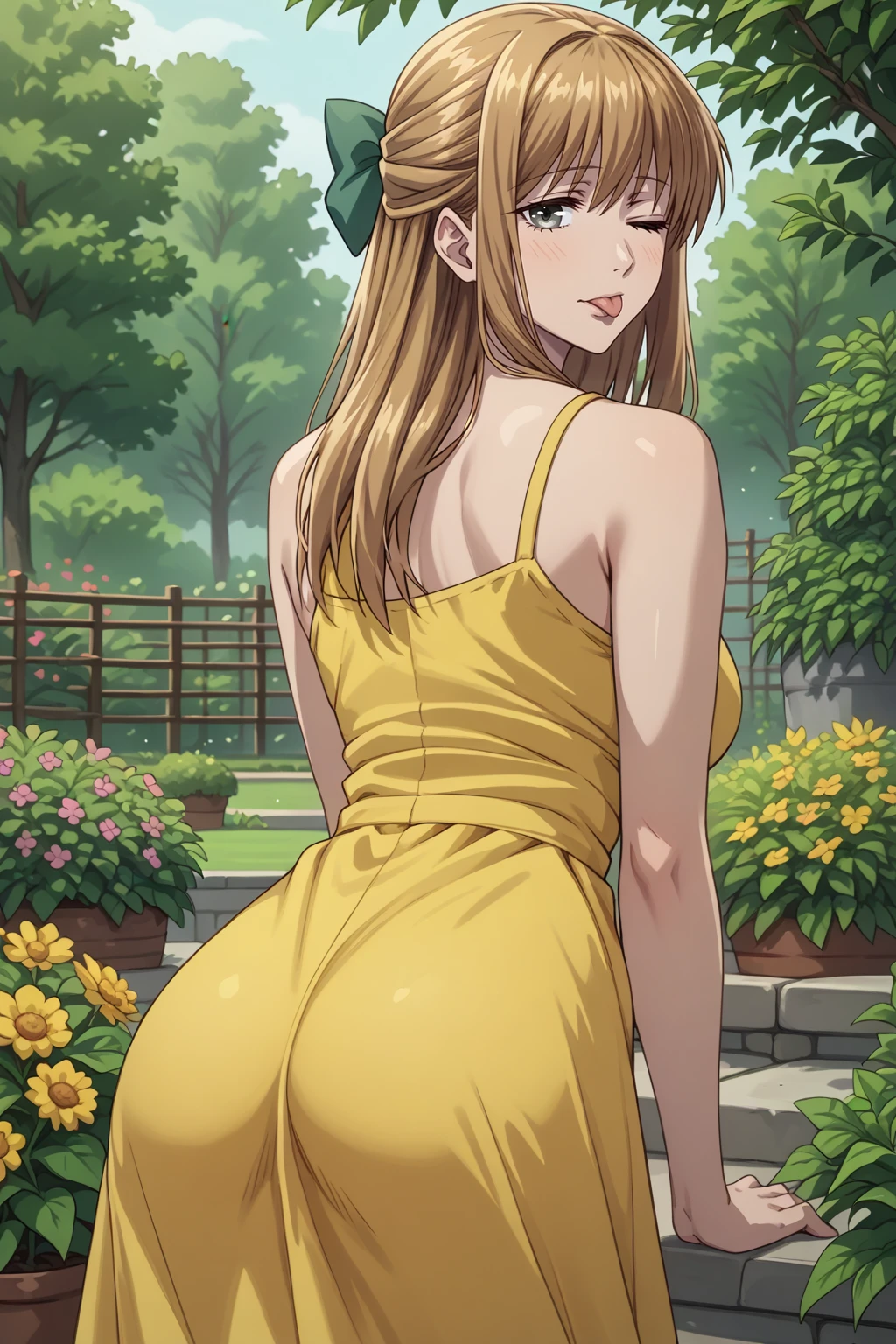 score_9, score_8_up, <lora:NSRitsuFrusket:1> NSRitsuFrusket, grey eyes, medium hair, half updo, green hair ribbon, light brown hair, yellow sundress, from behind, looking back, curvy, one eye closed, tongue out, playful, garden