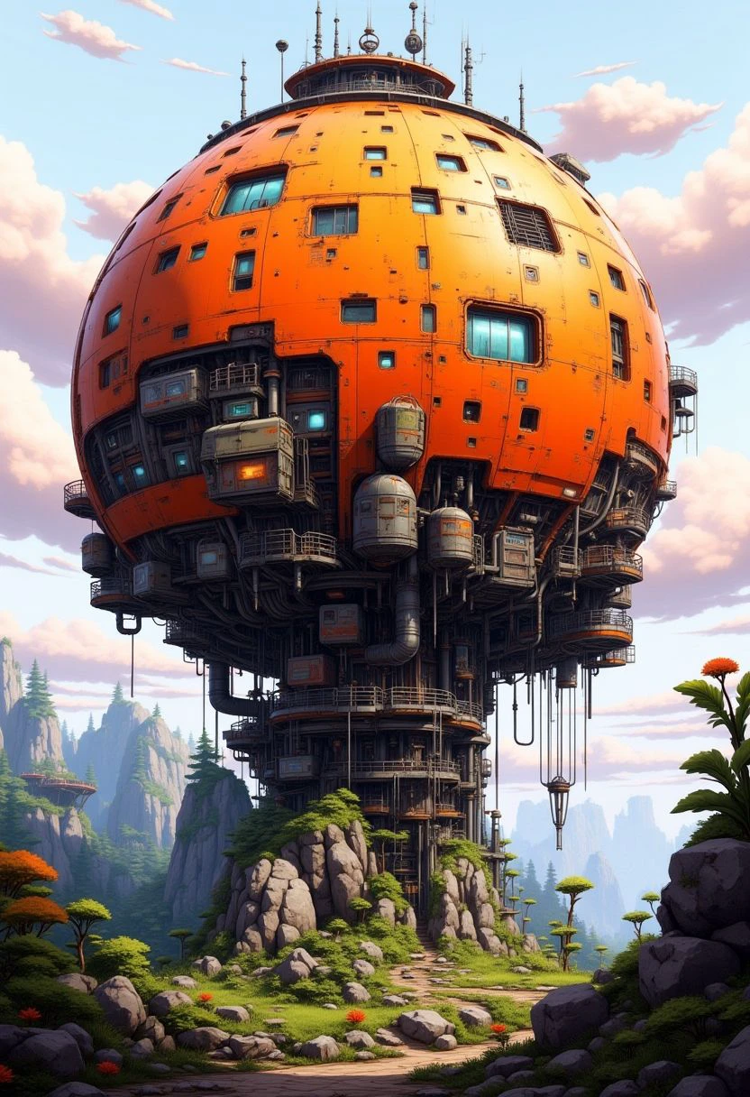 This image is a detailed digital illustration of a fantastical, futuristic building. The structure is a massive, spherical building with a striking, bright orange exterior, covered in a patchwork of mechanical components and pipes, giving it a weathered, industrial appearance. The sphere is supported by a complex network of interconnected pipes, cables, and metal struts, which extend downwards to a sturdy, rocky base. The structure is surrounded by a dense surreal forest of exotic plants and trees, the setting sun illuminates the light clouds with a diffused pink color.
<lora:Wasteland City Flux:1>