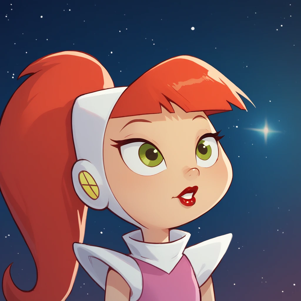 score_9_up, score_8_up, BREAK, Atomicbetty, 1girl, solo, red hair, ponytail, green eyes, lipstick, pink dress, upper body,  <lora:AtomicBetty_Hero_Form_PXL_Leaf2:1>, space,