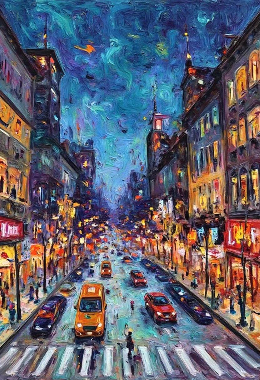 ImpressionistStrokes, The energy of a modern city captured with swirling brushstrokes of bright neon colors and abstracted figures, blending modern urban life with impressionist techniques.