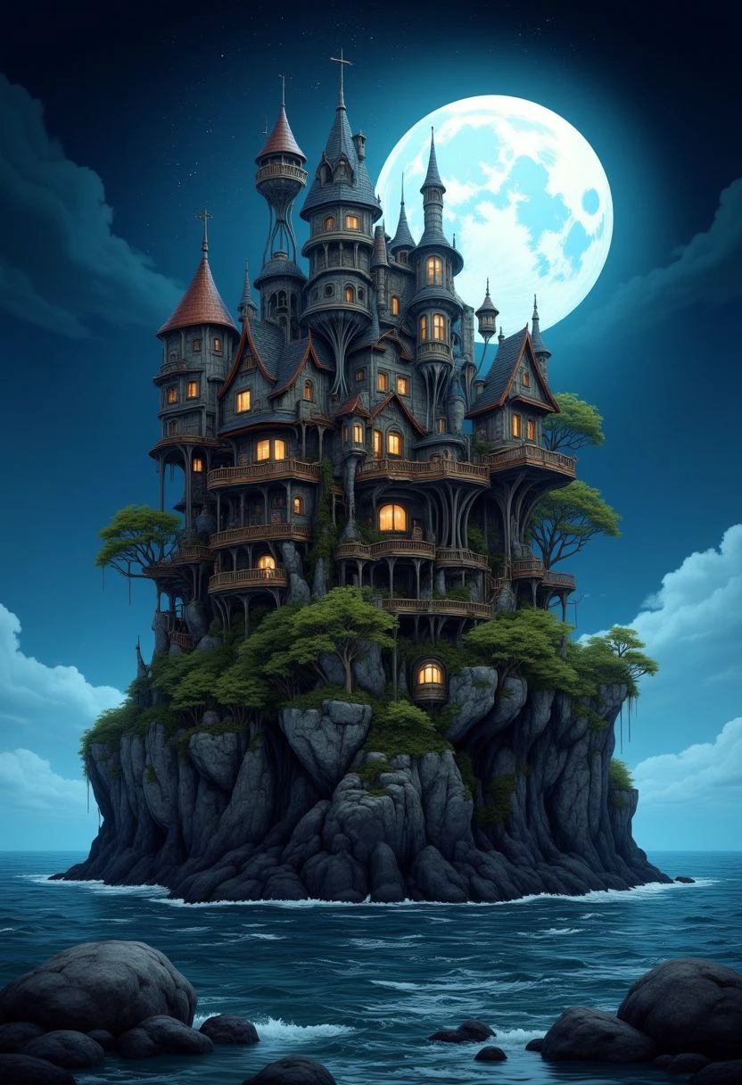 The image is a highly detailed, digital artwork depicting a fantastical, whimsical, and intricate castle-like structure built on a lush, rocky island. The structure is a fantastical, multi-tiered mansion with multiple turrets, arches, and windows, reminiscent of a medieval fantasy setting. The castle is constructed with a mix of stone, wood, and glass, giving it a rustic yet elegant appearance. The island is surrounded by an ocean covered with small foaming waves, the dark stars sky, huge dark blue moon illuminates the landscape with a ghostly silver light
<lora:Wasteland City Flux:1>