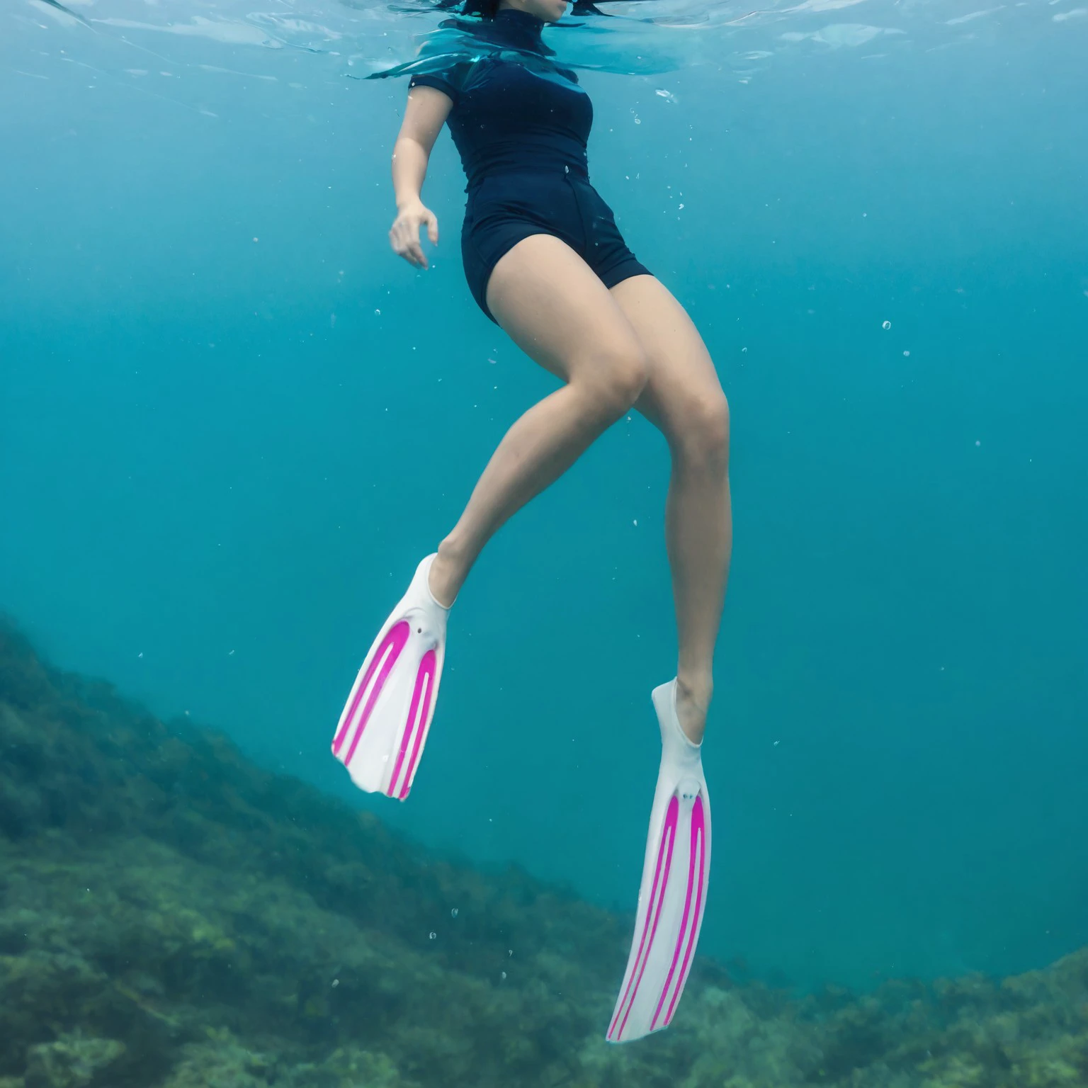 underwater medium shot from the side of (kitty_ps) diving underwater with (fins_ovwp1:1.1) diving fins and a black short sleeves wetsuit, mid-thigh shorts, she has long black hair, her hair is swirling around her head, hair floating around her head, her arms and legs are spread
BREAK
(blue tint light:1.3), (low visibility water:1.3), (distance haze:1.3), (soft focus:1.2), (bloom effect)