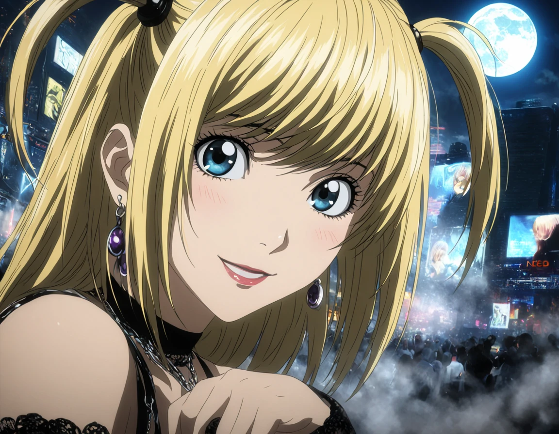 1girl, portrait of Misa Amane, death note, Modern Anime, adult female, From Death Note anime, best quality, 8K, DSLR quality, Bloom Lighting, Good Face, Beautiful Face, Slim, highly detailed,  glow, extreme details, fog, smoke, blond hair, full body, happy, smile, perfect eyes, <lora:perfect-eyes:1>, perfecteyes, eyes reflection, detailed eyes, upper body, hdr quality, full of color, smoke, cinematic, night, moon light, 2010s, windy, hair swaying in wind, purple nail polish, nigh time, blue eyes, grainy, chromatic aberration, adult woman, Depth of field effect, uwu, cute, blush, perfecteyes, eyes reflection, detailed eyes, upper body, shy smile, hdr quality, hands doing cute pose, full of color, smoke, cinematic, in city, times square, no crowd, <lora:misa_amane-step00000862:1>