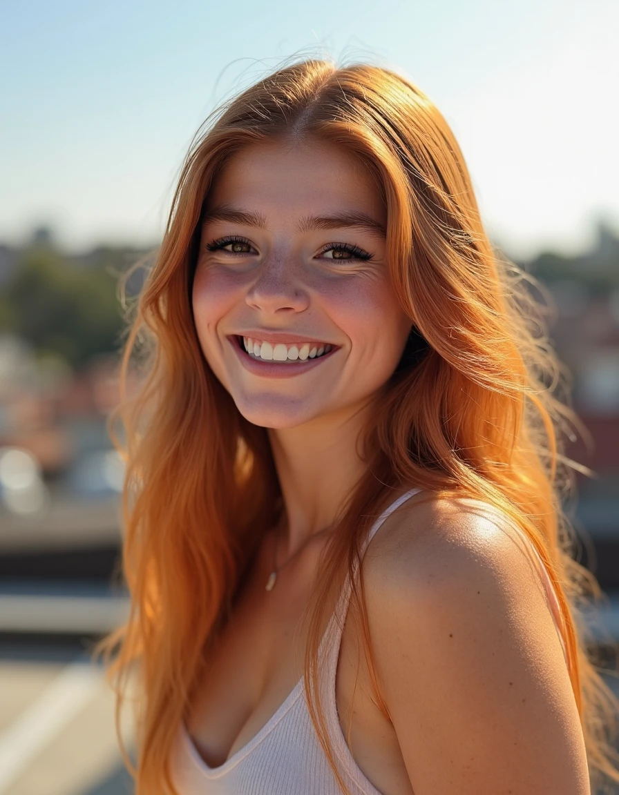 <lora:CocotteeEgirl-000001:1.1> a high-resolution photograph featuring a young caucasian woman with straight red blonde hair, and some (freckles:0.5),  she pose like a model, huge smile, she  dressed like a stars, in rooftop, beautifull sunlight