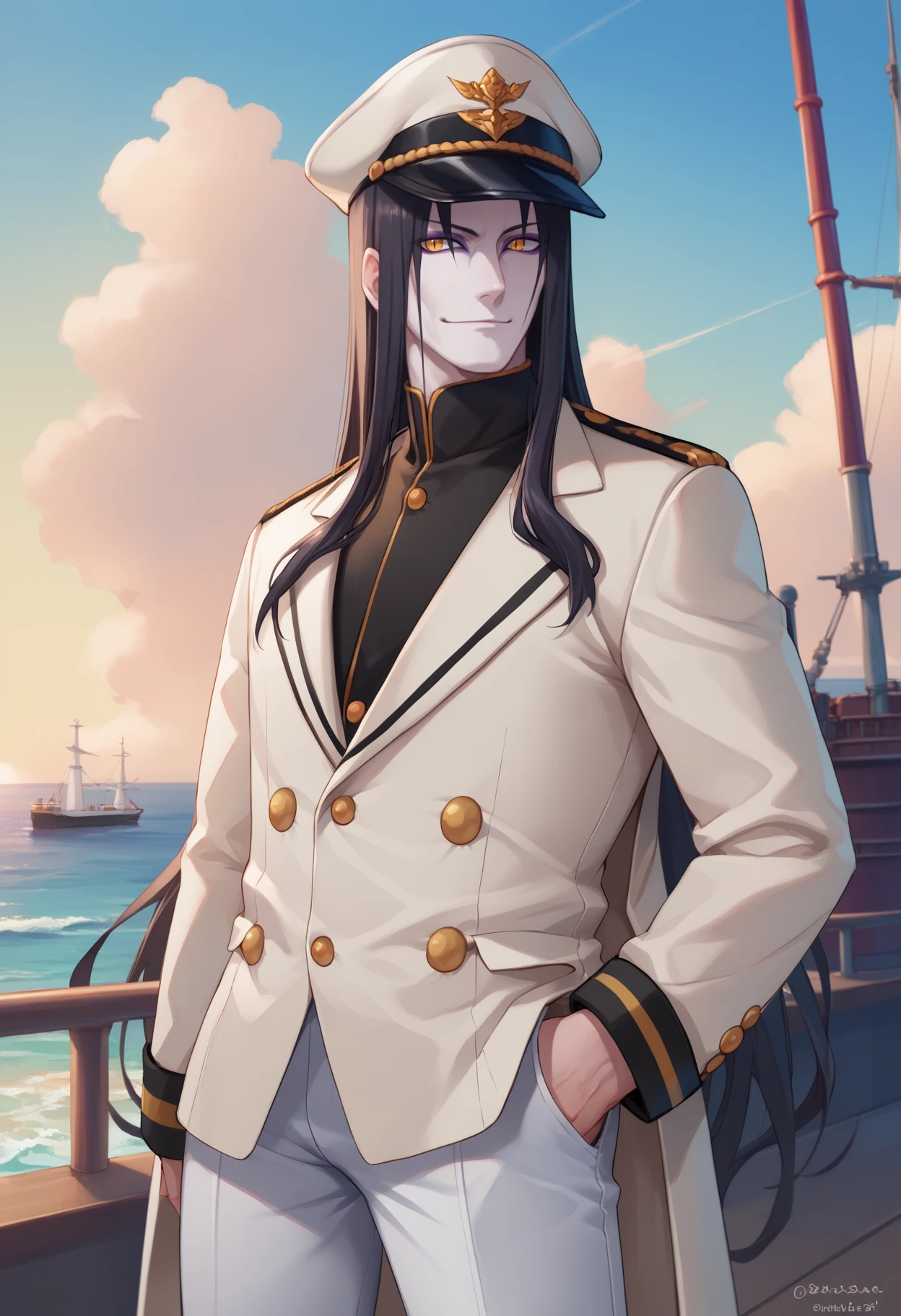 score_9, score_8_up, score_7_up, source_anime, <break> solo, male focus, 1boy, orochimaru, pale skin, makeup, light smile, looking at you, standing, hand in pocket, long hair, black hair, white headwear, peaked cap, yellow eyes, slit pupils, military uniform, naval uniform, white coat, buttons, double-breasted, white pants, outdoors, navy ship, ocean
<segment:yolo-face_yolov8m.pt,0.4,0.5//cid=1>