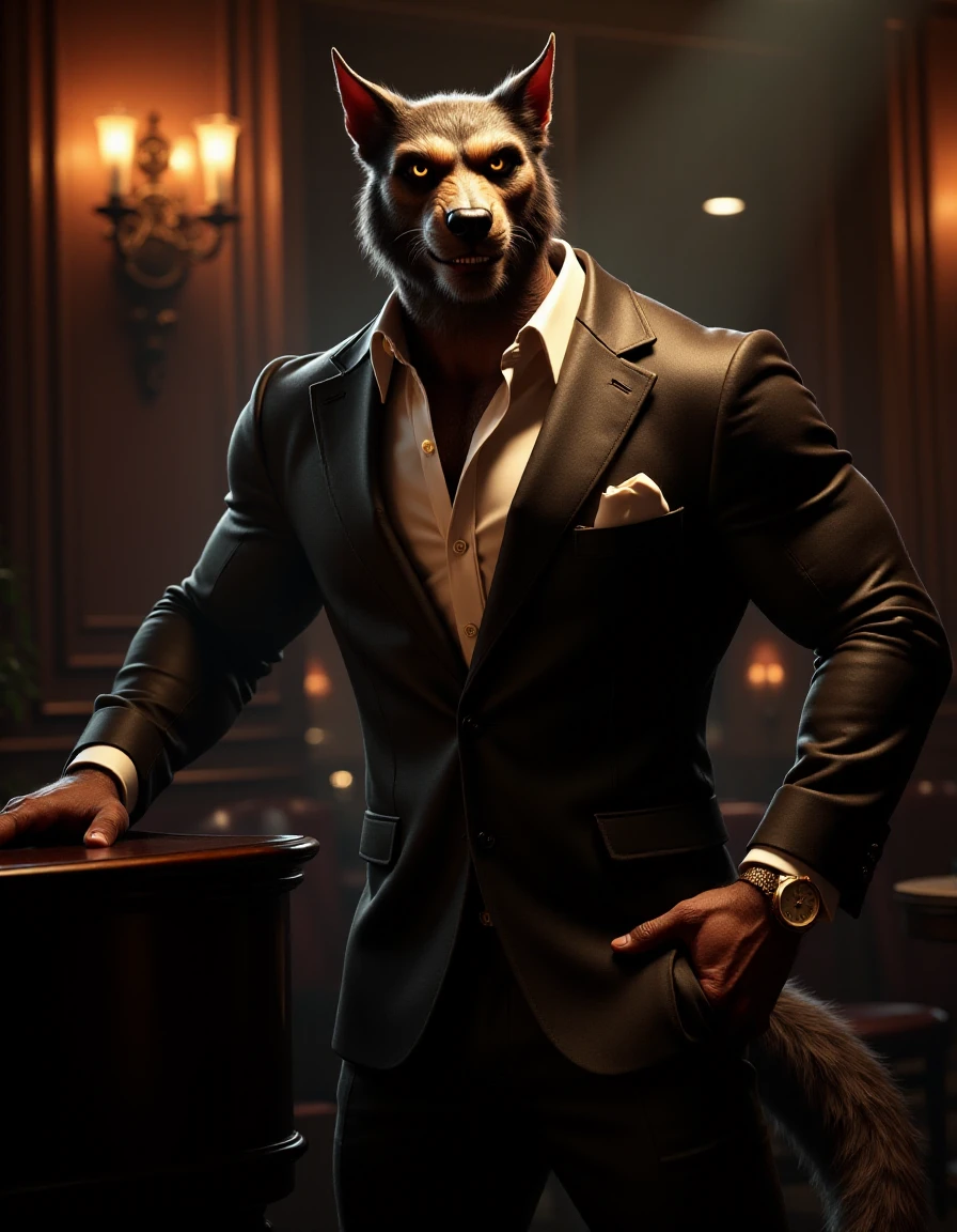 In a dimly lit jazz bar, the ral-werwulv stands confidently by the grand piano, wearing a sharp, tailored suit that fits its muscular body perfectly. Its shirt is slightly unbuttoned, revealing a hint of fur beneath, and a stylish gold watch gleams on its wrist. The soft glow of amber lights reflects off its sleek coat as it leans casually on the piano, exuding a smooth, charming aura while the soft jazz music fills the air.
<lora:ral-werwulv-flux:1>