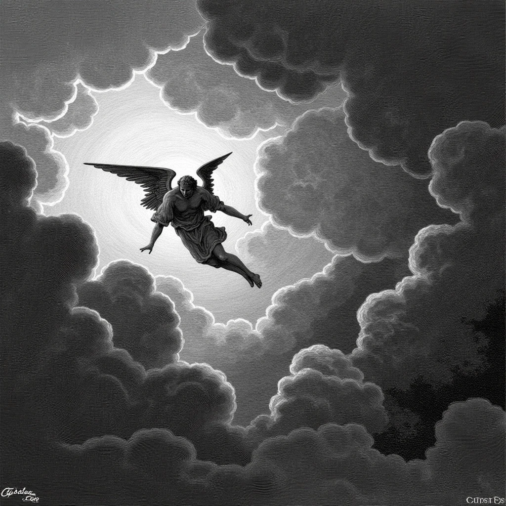 dorestyle monochrome etching, A winged figure plummets through the dark clouds. The cloudy backdrop enhances the sense of dramatic descent, symbolizing a fall from grace, by gustave dore<lora:gustavedore:1>