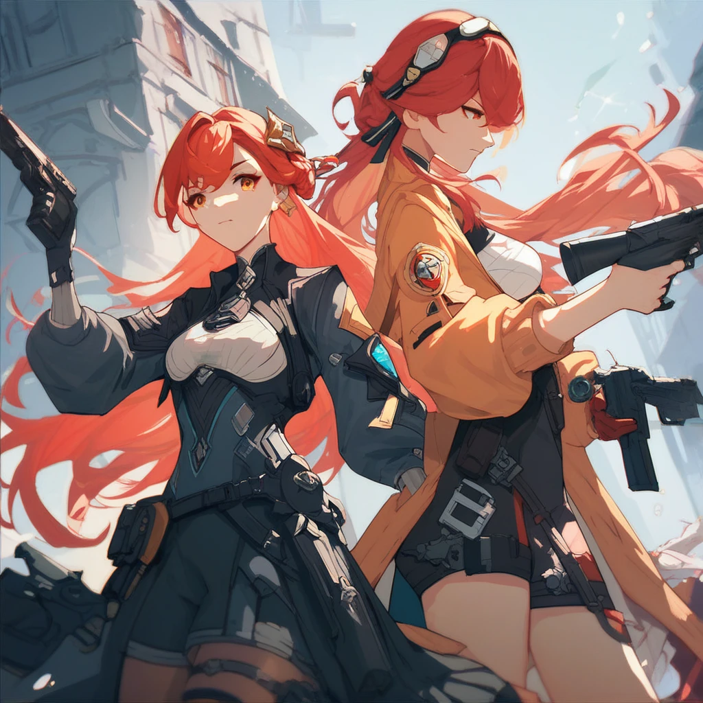 Score_9, score_8_up, score_7_up, fatetrigger, multiple girls, 2girls, weapon, gun, holding weapon, holding, red hair, holding gun, long hair,