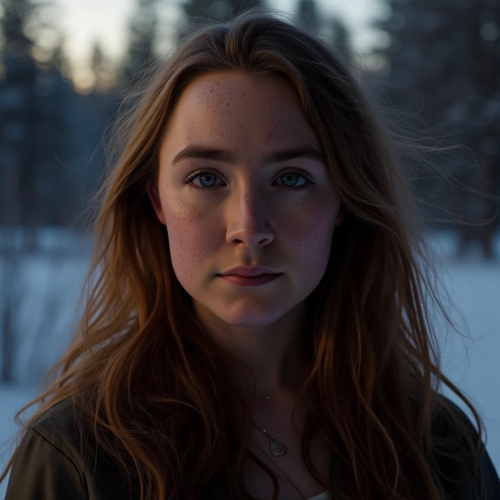 Instagram photo of a woman with freckles on her face in the winter outdoors silhouette illumination of her hair. Taken with a ProPhoto iPhone camera. , <lora:Saoirse_Ronan_FLUX_v1-000037:1>