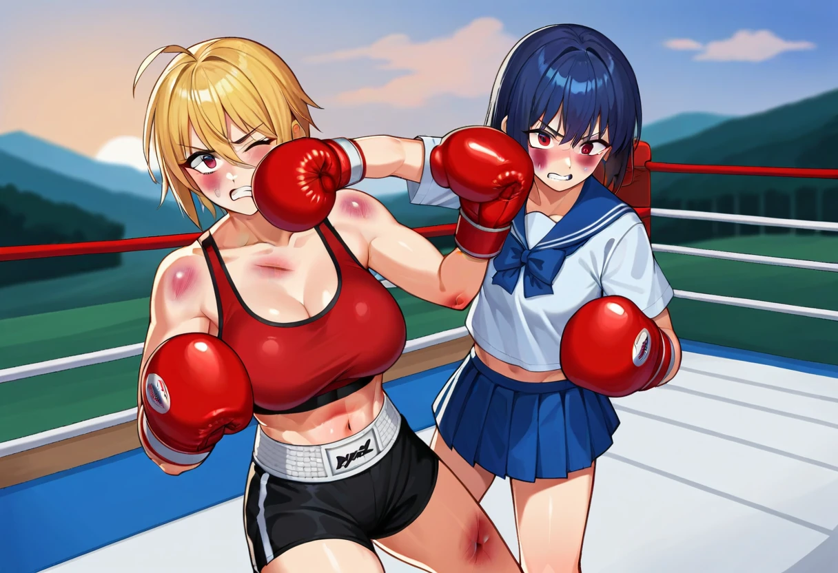 boxing gloves, red boxing gloves, red gloves, <lora:girlsboxingmatchlorapony7:0.3>, gbmatch, cowboy shot, score_9, score_8_up, score_7_up, source_anime, 2girls, outdoors, landscape, punching, standing, BREAK
sports bra, bare shoulders, shorts, large breasts, collarbone, crop top, thighs, thighs, midriff, navel, 
bruised eye, bruise on face, one eye closed, clenched teeth, BREAK
skirt, pleated skirt, school uniform, thighs, serafuku, sailor collar, bowtie,
bruised eye, bruise on face, one eye closed, clenched teeth,