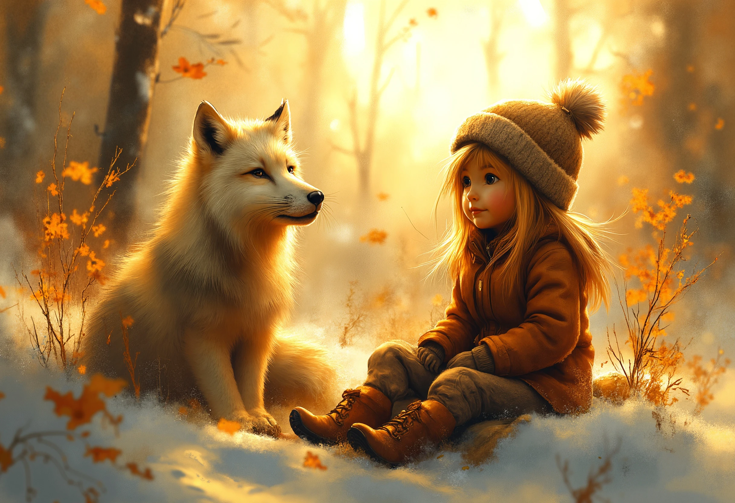 pst001, At the edge of a snowy forest, a little girl in red boots and a woolen hat sits on a blanket, gazing at the sunset as a friendly polar fox curls up beside her, its fur glowing in the warm evening light. (Nature & Wildlife, Colour Splash)