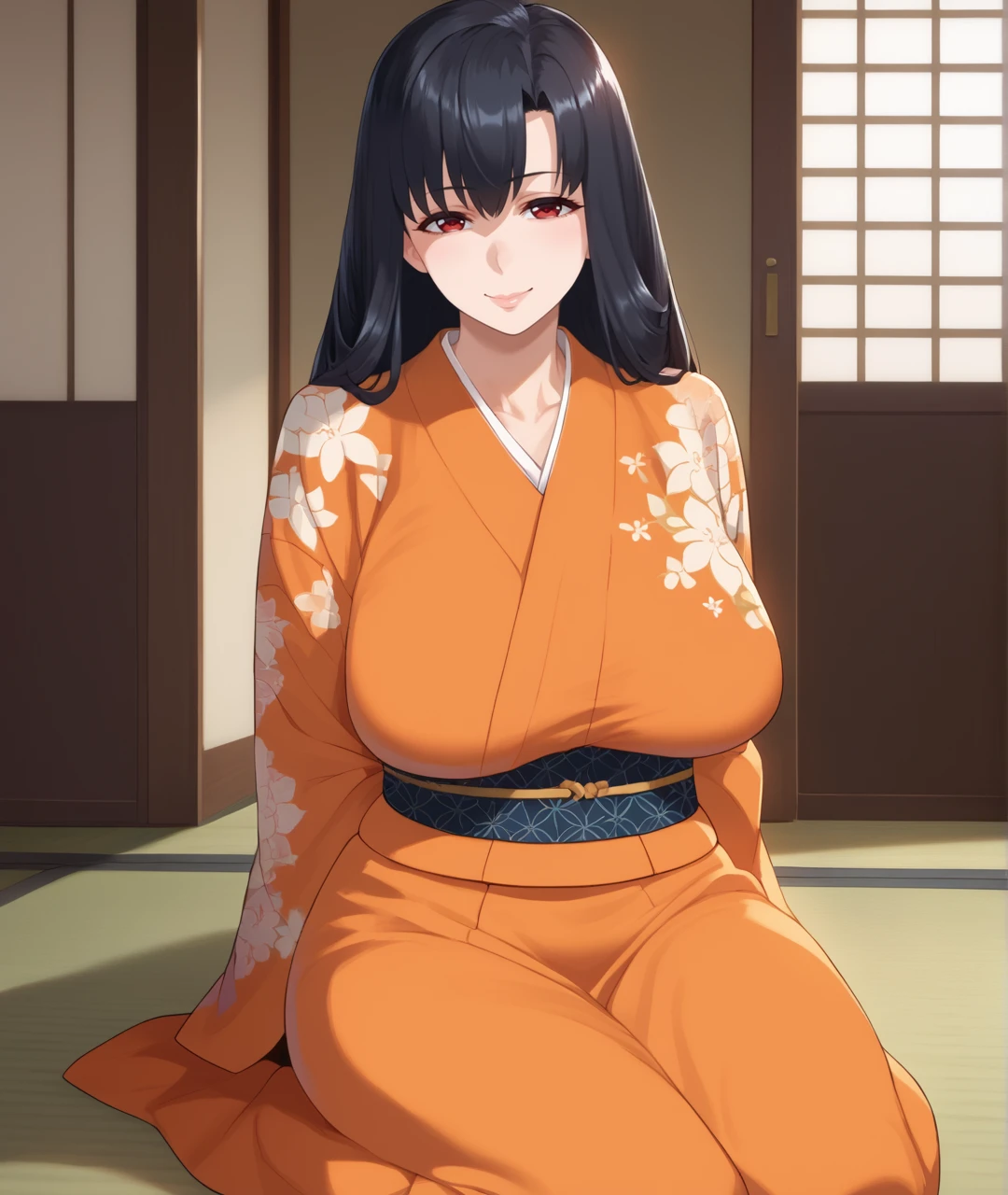 score_9, score_8_up, score_7_up, score_6_up, source_anime,east asian architecture, tatami, 
BREAK
shinouikawa, 1girl, black hair, solo, long hair, smile, red eyes, looking at viewer, huge breasts, arms behind back, seiza, sitting, orange kimono, obi, seductive smile, floral print, kneeling, 
<lora:shinouikawa:0.7>