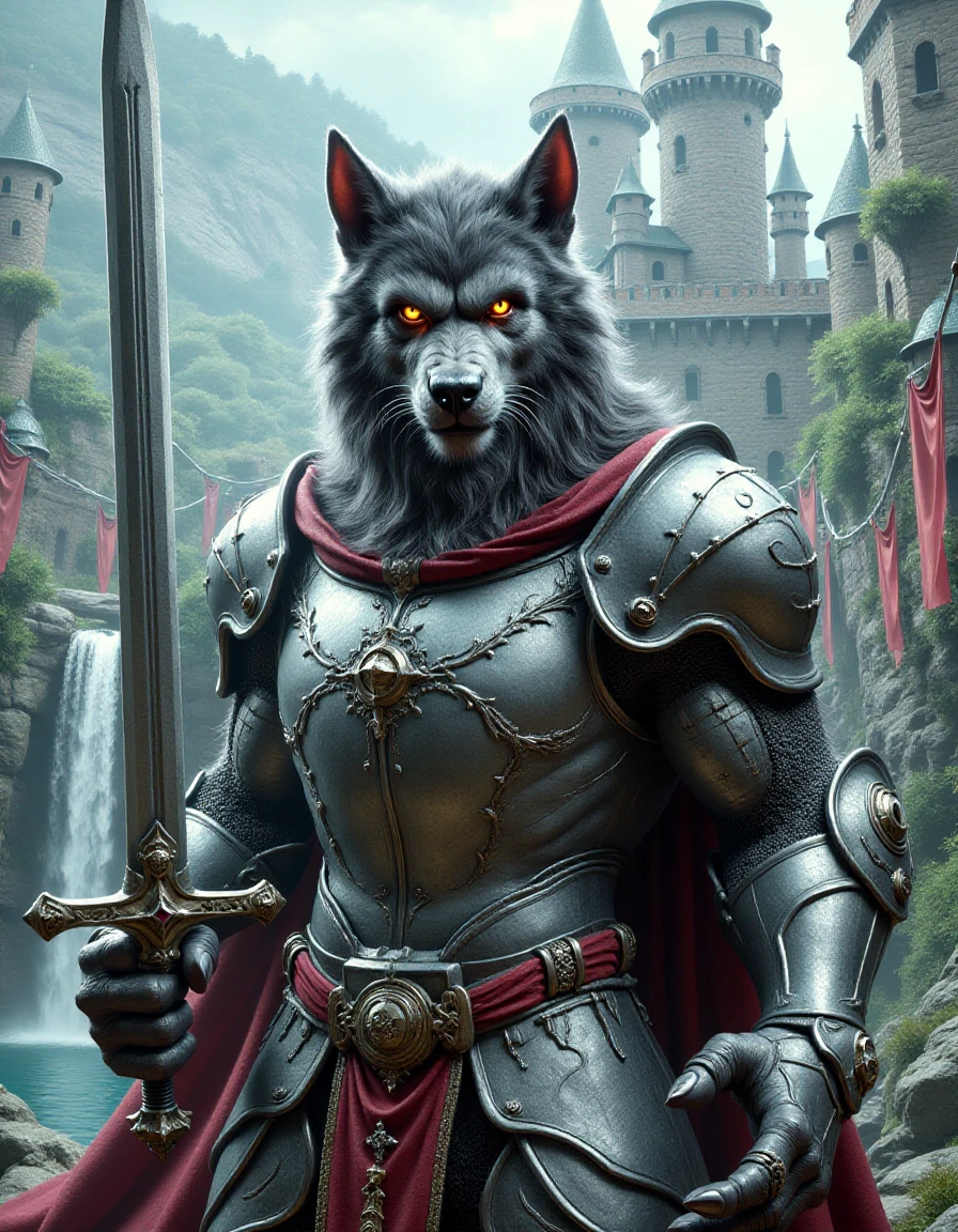 At the base of a towering, enchanted castle, the ral-werwulv is dressed as a valiant knight in shining armor, holding a gleaming sword. The castle towers above, with its spires reaching into the misty clouds, while a beautiful waterfall cascades nearby. The werewolf stands tall, ready to protect the kingdom, its golden eyes filled with determination and courage. A soft wind blows through its fur as colorful banners wave from the castle walls, completing the scene of fairytale bravery.
<lora:ral-werwulv-flux:1>