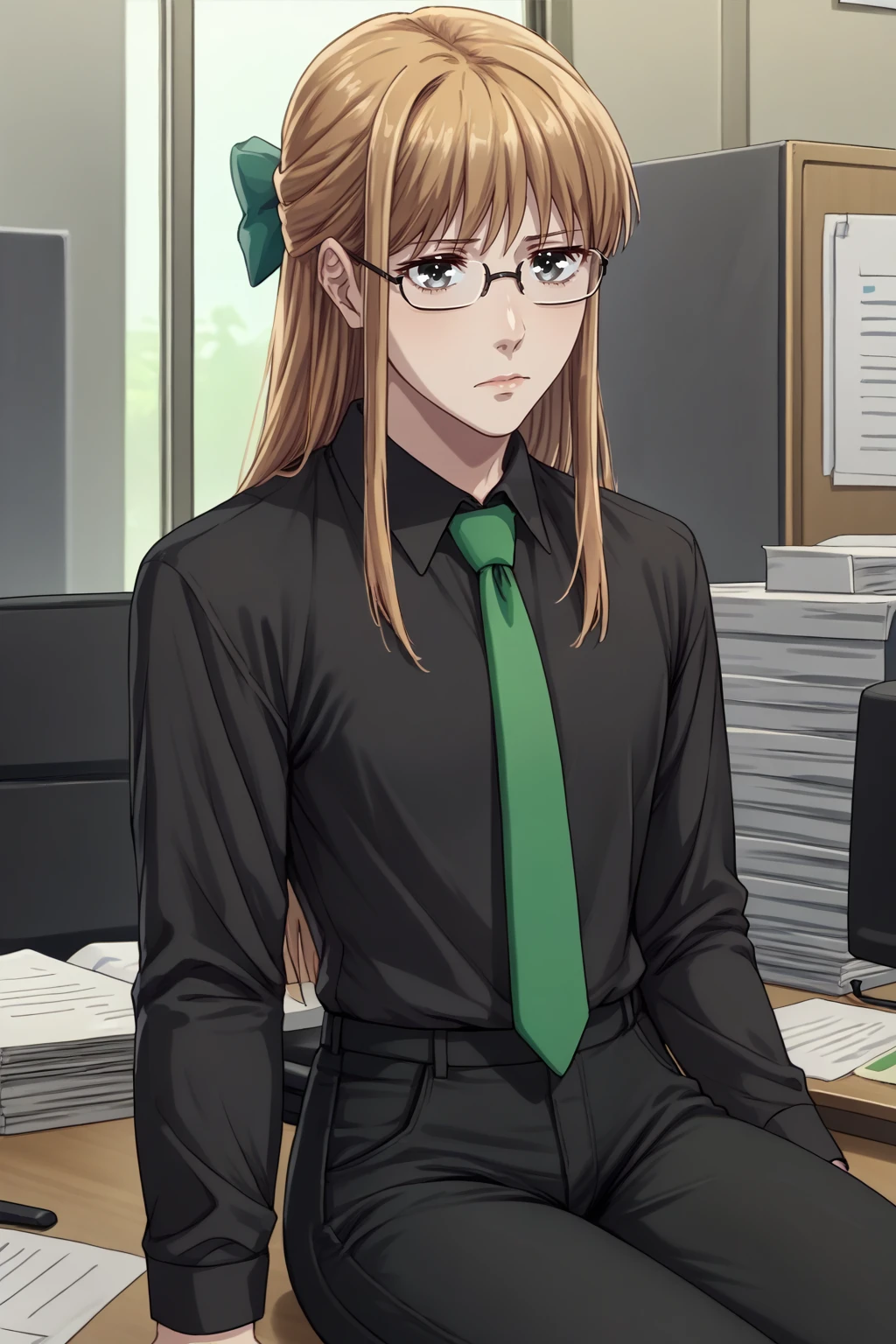 score_9, score_8_up, <lora:NSRitsuFrusket:1> NSRitsuFrusket, grey eyes, medium hair, half updo, green hair ribbon, light brown hair, black shirt, collared shirt, green necktie, glasses, office, sitting, black pants