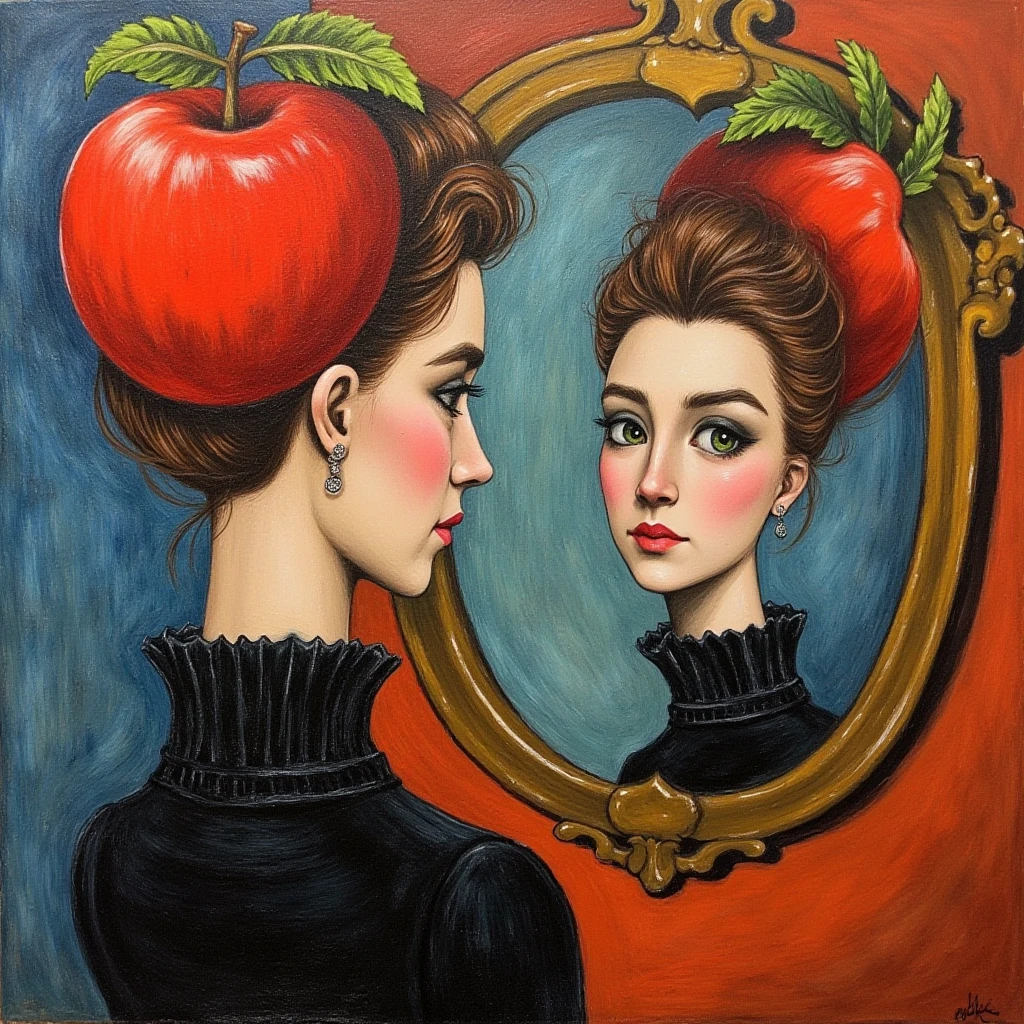 Abstract Surrealist cubist painting depicting a woman with green eyes and a red apple on her head looking at herself in the mirror. , <lora:Saoirse_Ronan_FLUX_v1-000037:1>